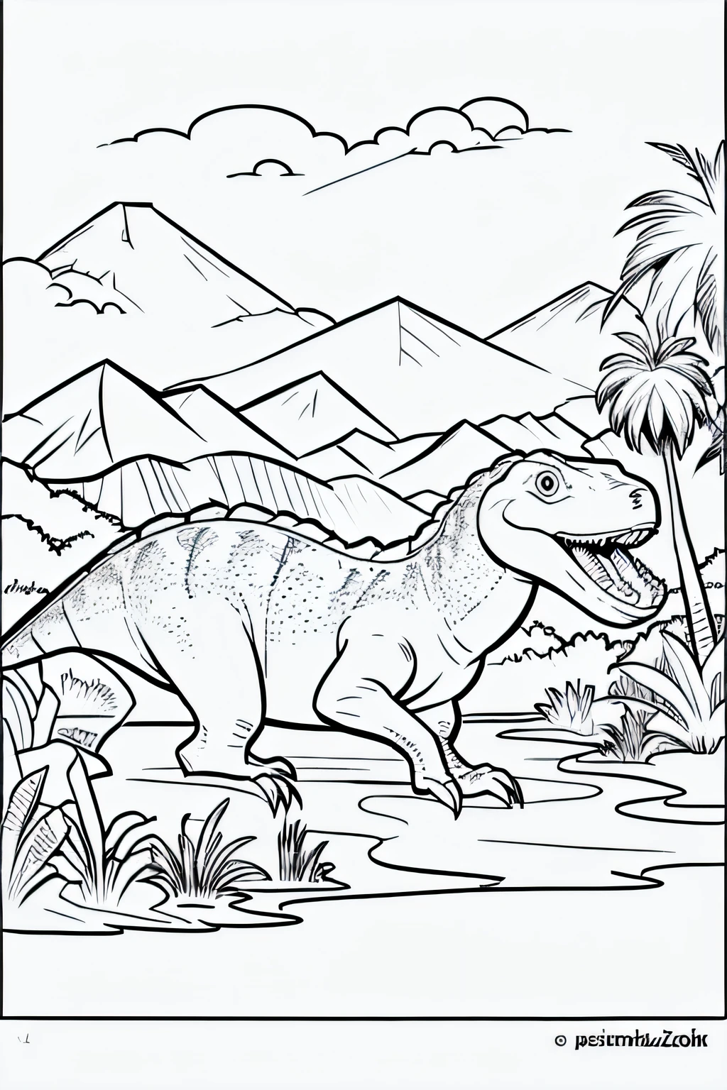 Coloring page for kids, lagoon dinosaur cartoon style, thick lines, few details, no shadows
