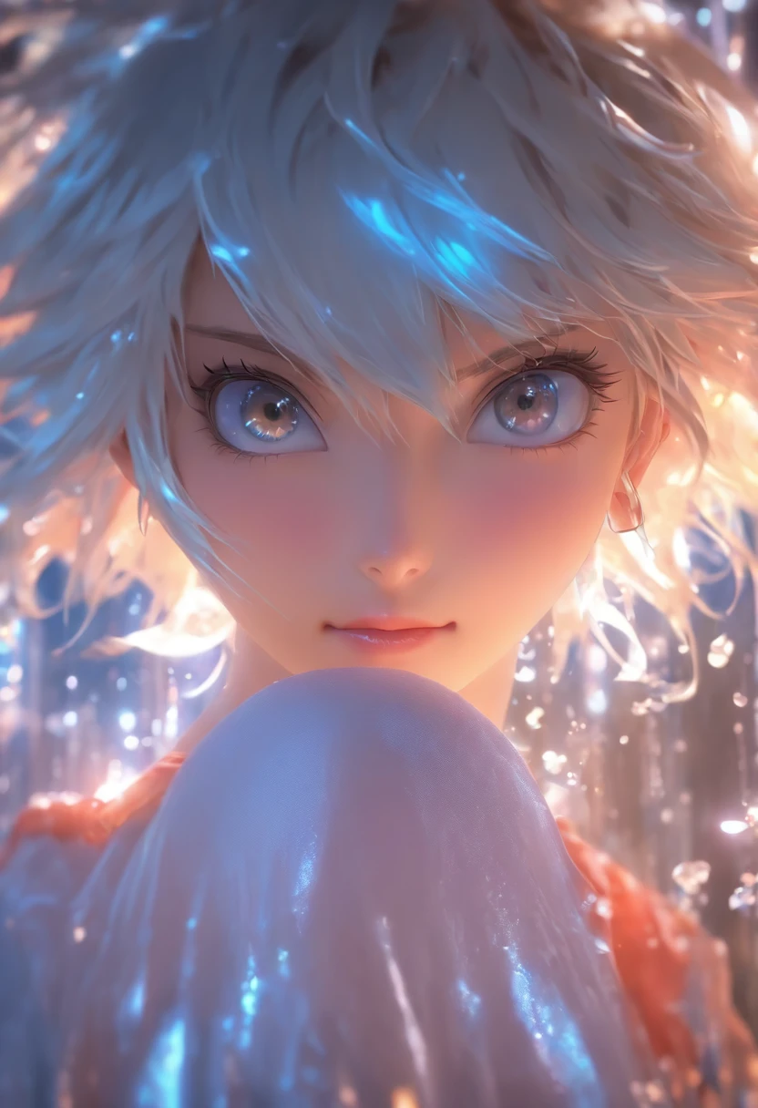 Extremely high image quality,Best light and shadow,(tmasterpiece,best qualtiy),1girll,独奏,with short white hair,depth of fields,Face Focused,,realisticlying,(Half realistic)Wet clothes,See-through body lines,frontage