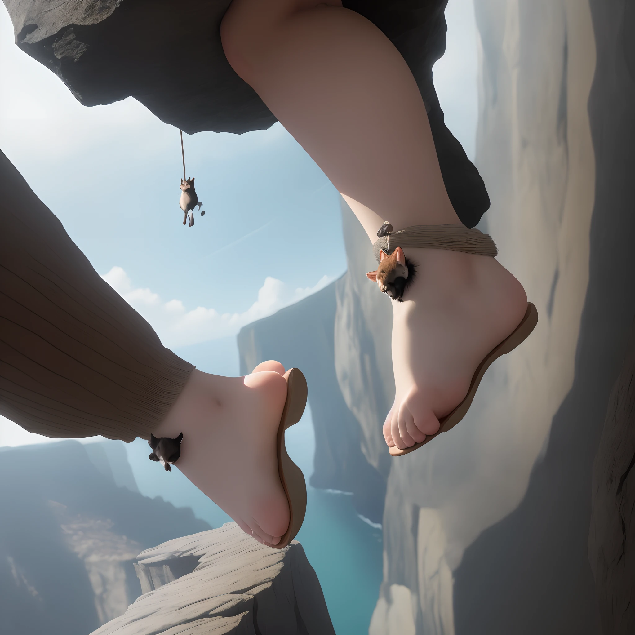 Low angle shot of a raccooon's feet dangling in the air, hanging from a cliff, foot focus