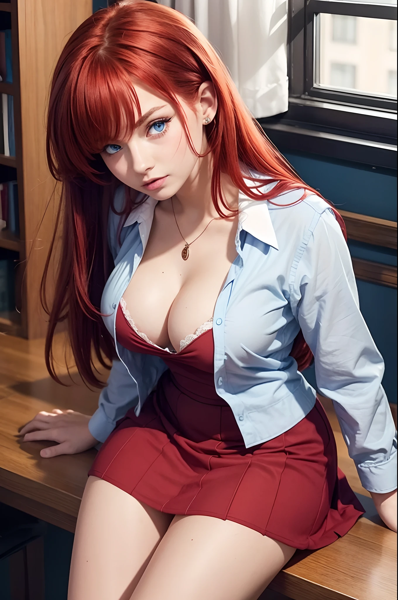 20 year old, school dress, cleavage, blue eyes, red hair