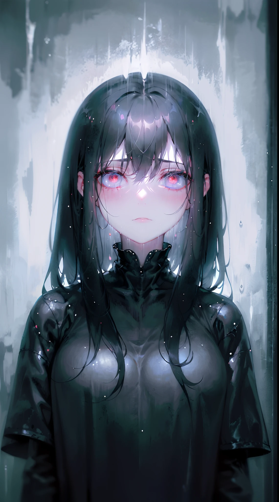 depression,lonely girl,vulnerable expression,sad eyes,frustrated emotions,gloomy atmosphere,heavy rain outside,reflective mood,solitary figure,broken heart,dark color palette,moody lighting,abstract art style,melancholic composition,emotional depth,low saturation,hazy textures,subtle shadows,introspective thoughts