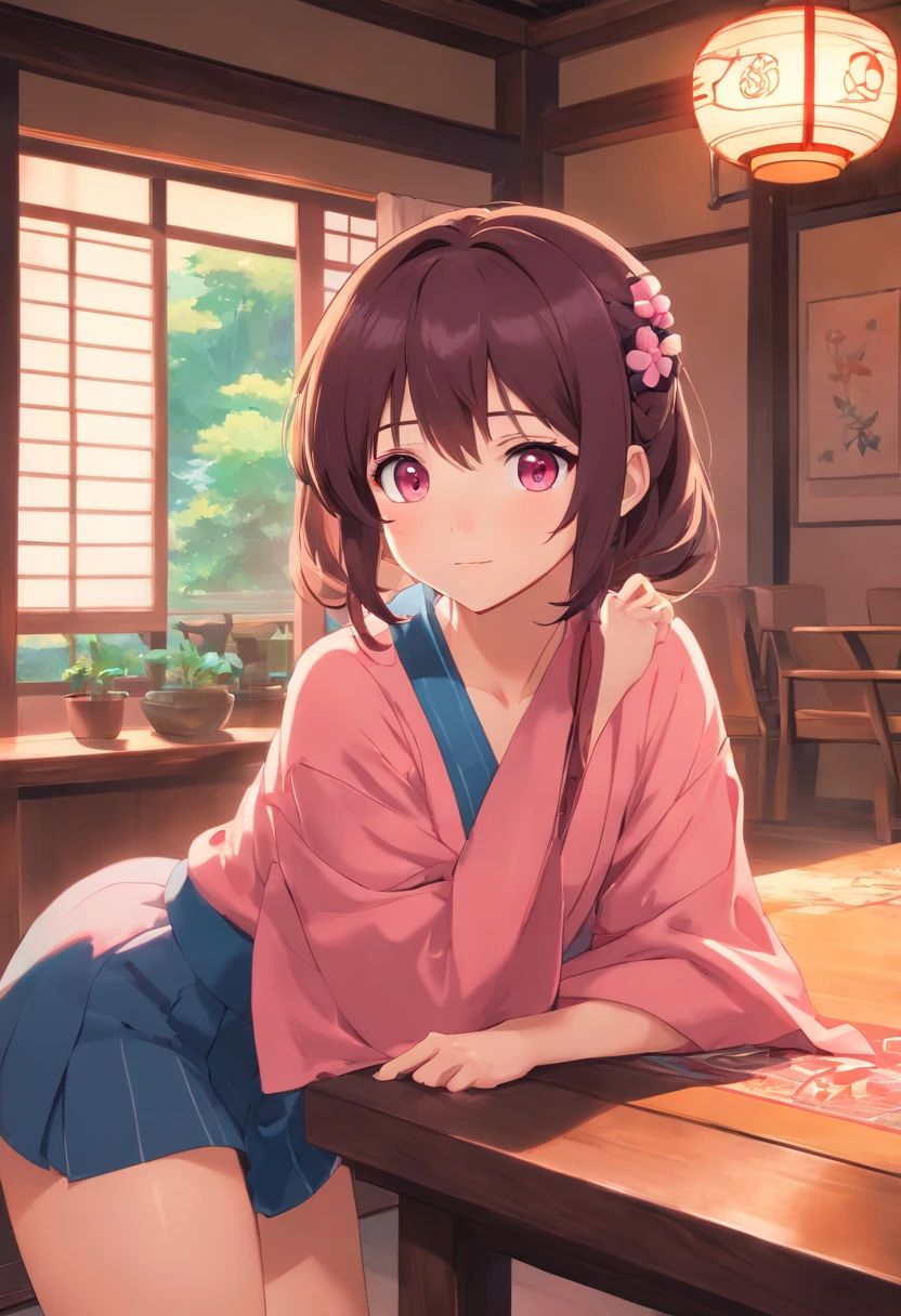una chica kawaii con pelo largo (rosa claro), ojos lindos (Celestes claros), desnuda, Shy and tender expression, In a traditional Japanese room, sentada en una mesa, Facing the camera, perspectiva abajo, mostrando sus pies, desnuda, Clear ambience