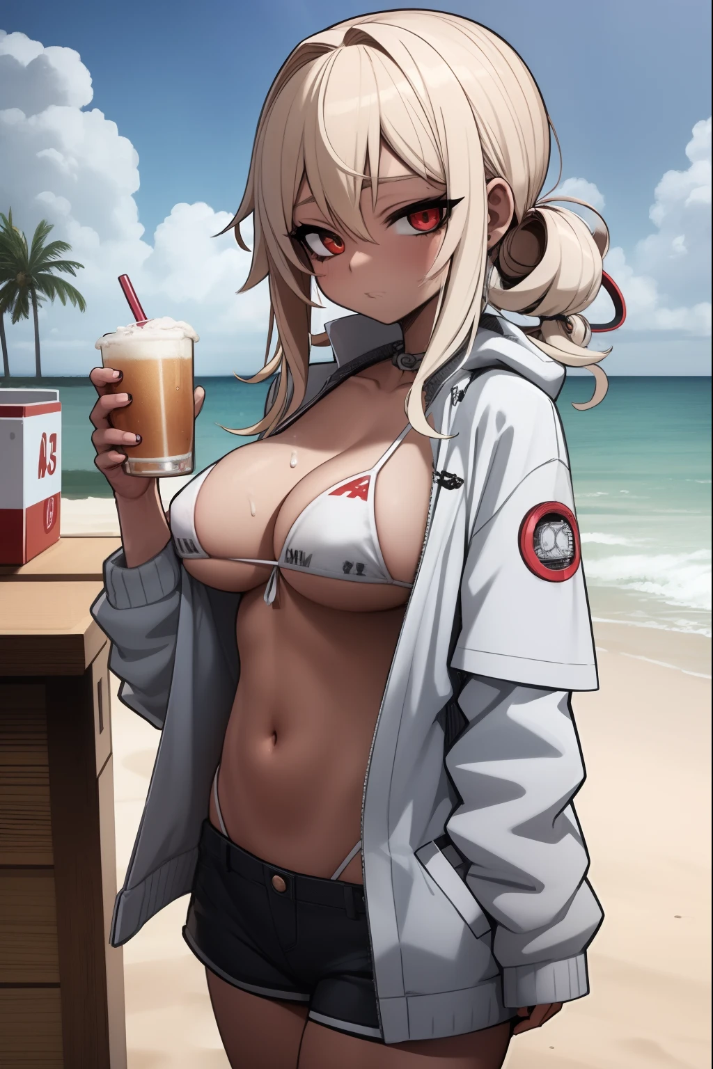 anime com uma cerveja na praia, anime meninabebidaalcoolica, pele negra, gyaru, bikini branco, oppai,, menina animeora, Papel de parede anime 4k, arte de anime digital detalhada, Artgerm extremamente detalhado, biomechanical oppai, estilo anime 4K, badass anime 8 k, menina anime atraeoda themed girl, Artgerm. anime illustration, kantai collection style, com uma bebida