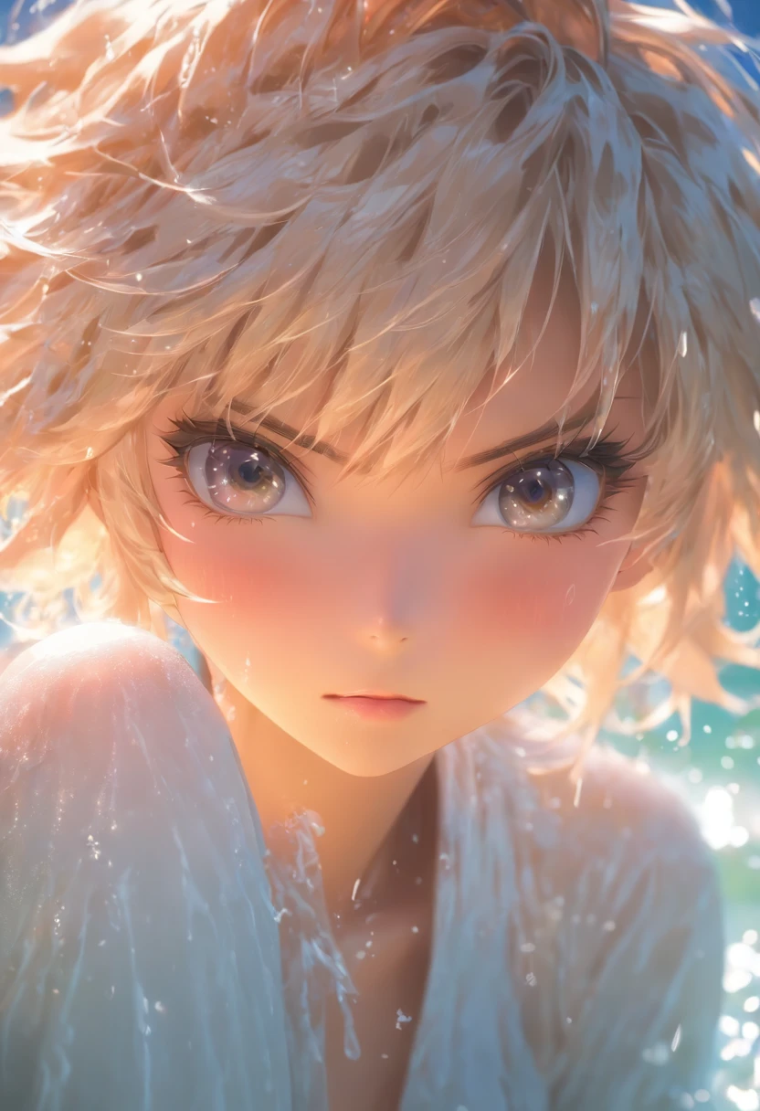 Extremely high image quality,Best light and shadow,(tmasterpiece,best qualtiy),1girll,独奏,with short white hair,depth of fields,Face Focused,,realisticlying,(Half realistic)Wet clothes,Translucent body line,frontage,Upper body photo