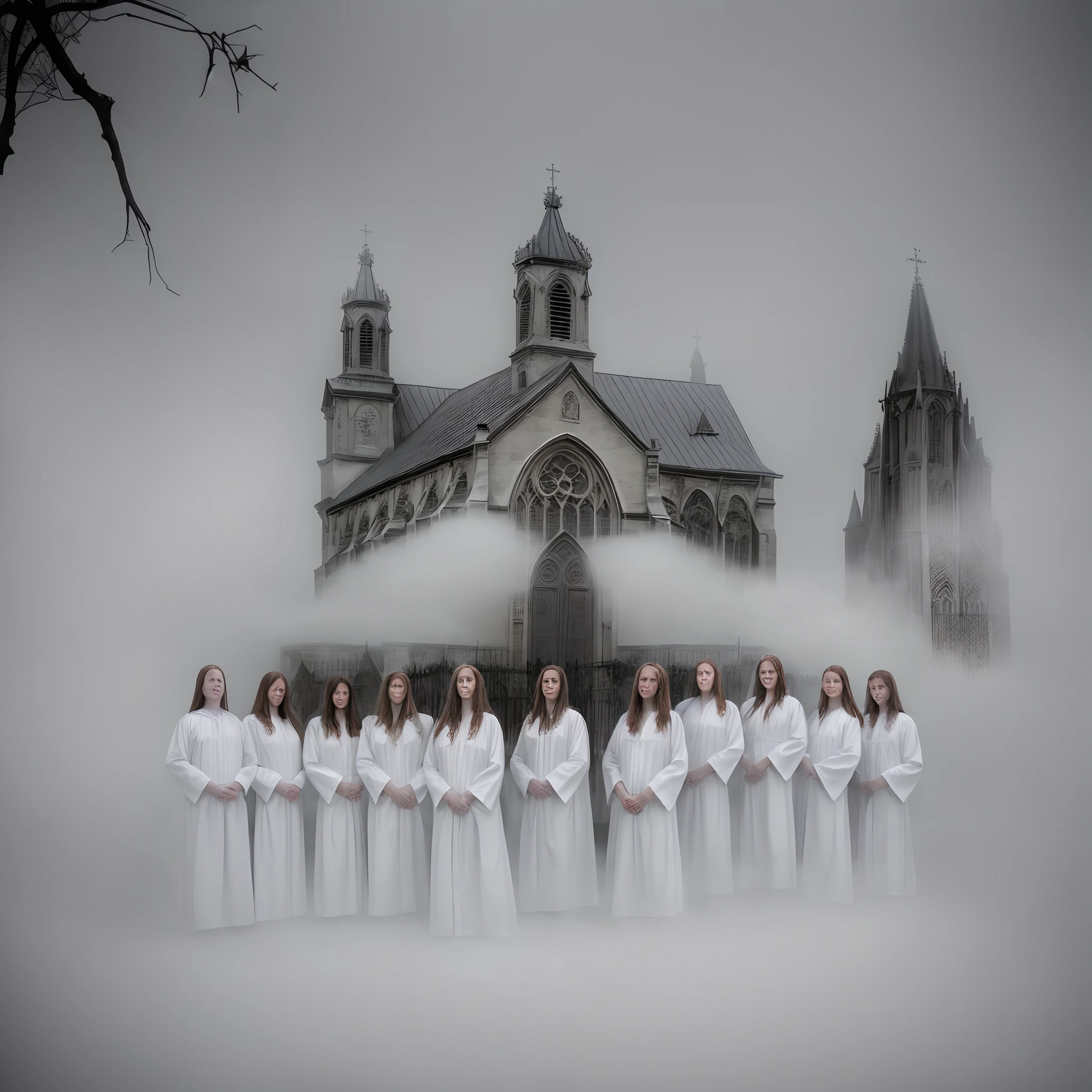 Professional conceptual photo of a group of girls in white christening robes standing in front of a gothic church. Fog, decadence, Nietzscheanism, chilling horror. Highly detailed, highly detailed photography, DSLR, clarity. photography, the best photographer in the world, clearly defined faces.