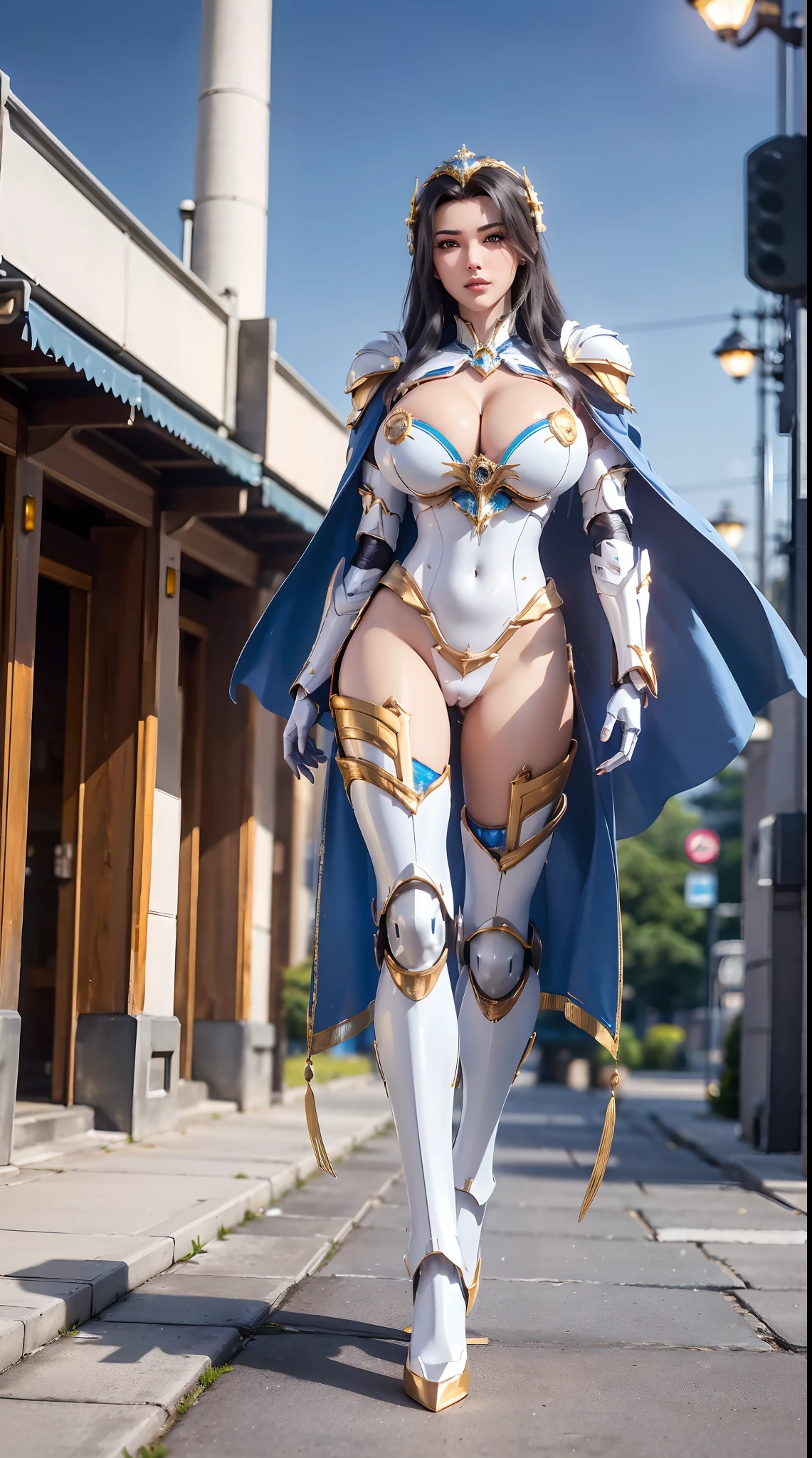 1GIRL, SOLO, (dark hair, hair gold ornament), (HUGE FAKE BOOBS:1.3), (white, sea blue, gold, FUTURISTIC MECHA BATTLE ARMOR SUIT, ROYAL CAPE, CLEAVAGE:1.5), (SKINTIGHT YOGA PANTS, HIGH HEELS:1.2), (NSFW GLAMOROUS BODY, SEXY LONG LEGS, FULL BODY:1.3), (FROM FRONT, LOOKING AT VIEWER:1), (WALKING DOWN ON STREET NIGHT CITY:1.3), PHYSICALLY-BASED RENDERING, ULTRA HIGHT DEFINITION, 8K, 1080P.