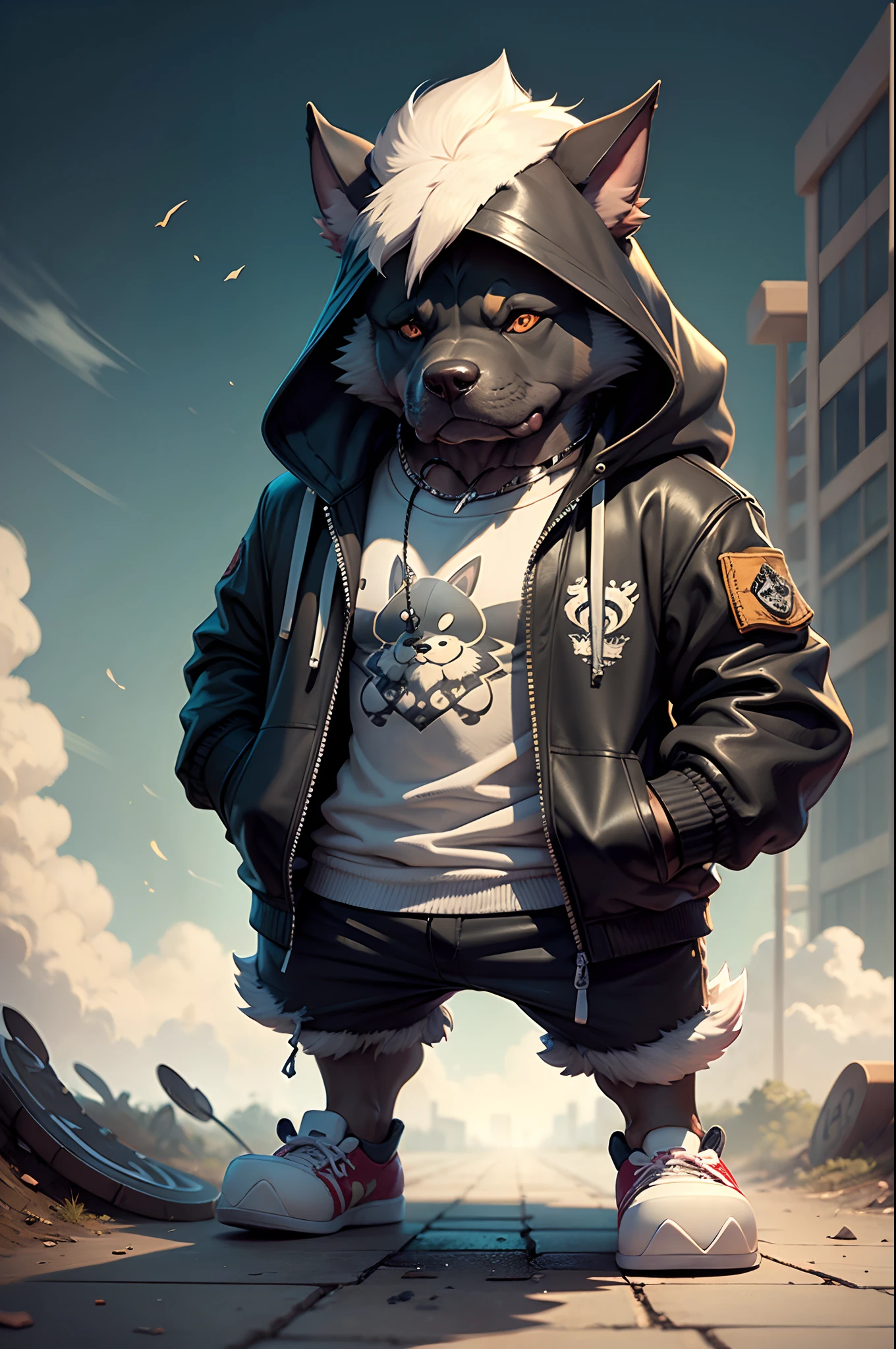 c4tt4stic, Cartoon pit monster dog on a skateboard with a jacket(The body hair is black、Details of the Doberman's appearance)