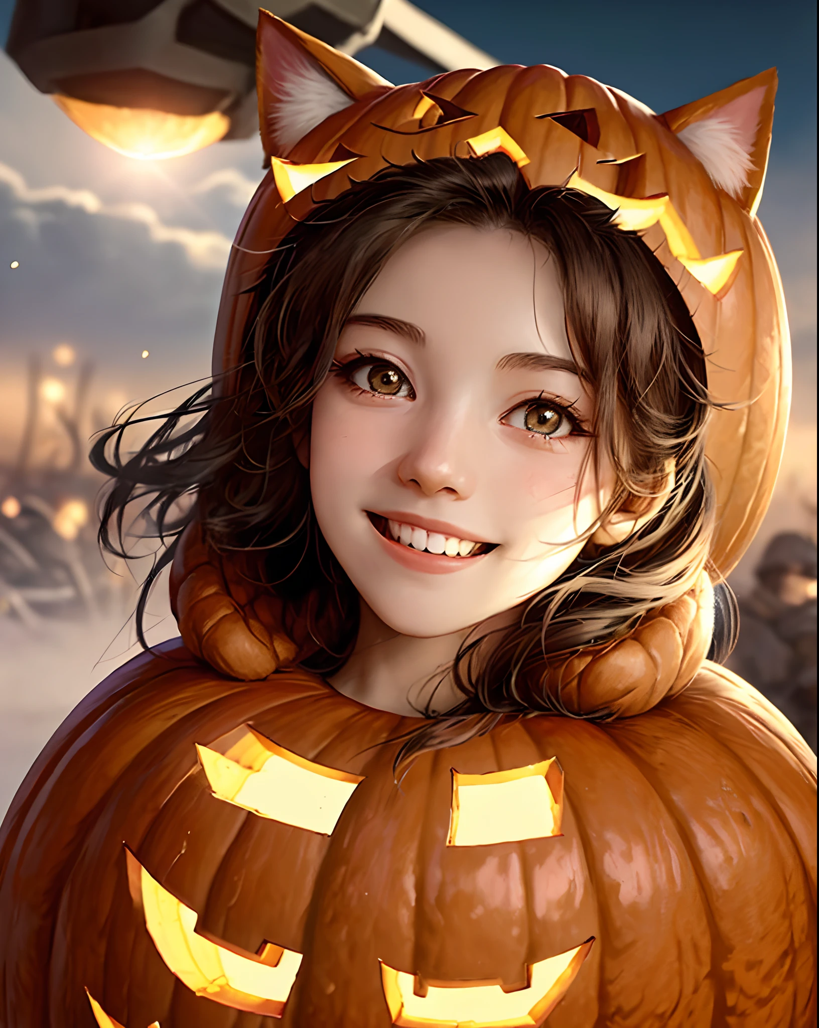 Female soldiers in pumpkin helmets and pumpkin cats are also soldiers, dynamic angle, dynamic pose, close-up, Fine dust reflected in light, light particles, lens flare, smile, fun, Healthy smile, Smiling with shame