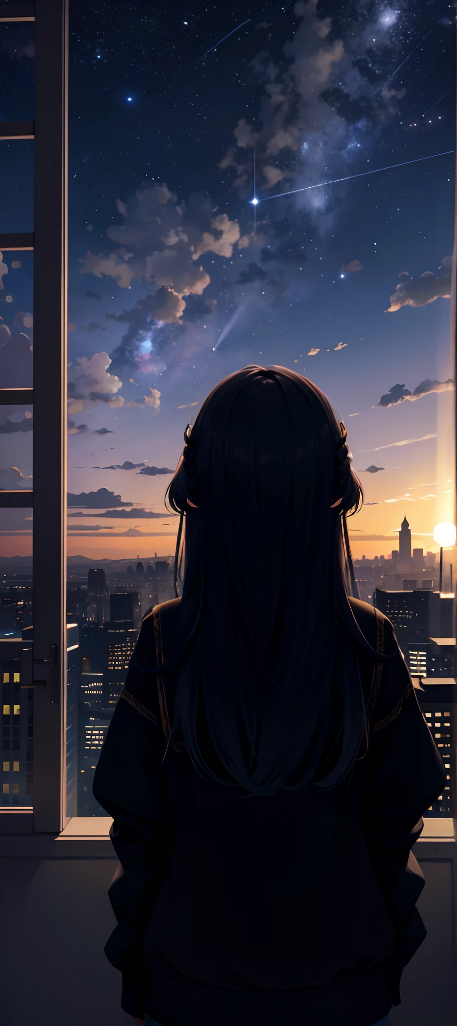 octans,Skysky,As estrelas(Skysky),scenecy,starrysky,the night,1girl,nigh sky,solo,exteriors,buliding,clouds,galactic,sitted,Back Shadow,Long hair,city,siluette,view over city,Contre-Jour