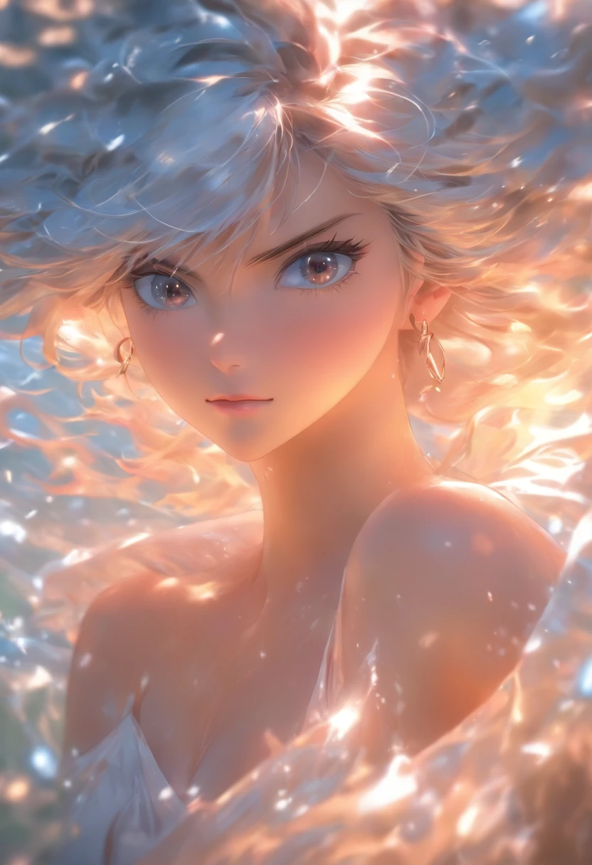 Extremely high image quality,Best light and shadow,(tmasterpiece,best qualtiy),1girll,独奏,White shawl hair,depth of fields,Face Focused,,realisticlying,(Half realistic)Wet clothes,Translucent body lines,frontage,Upper body photo
