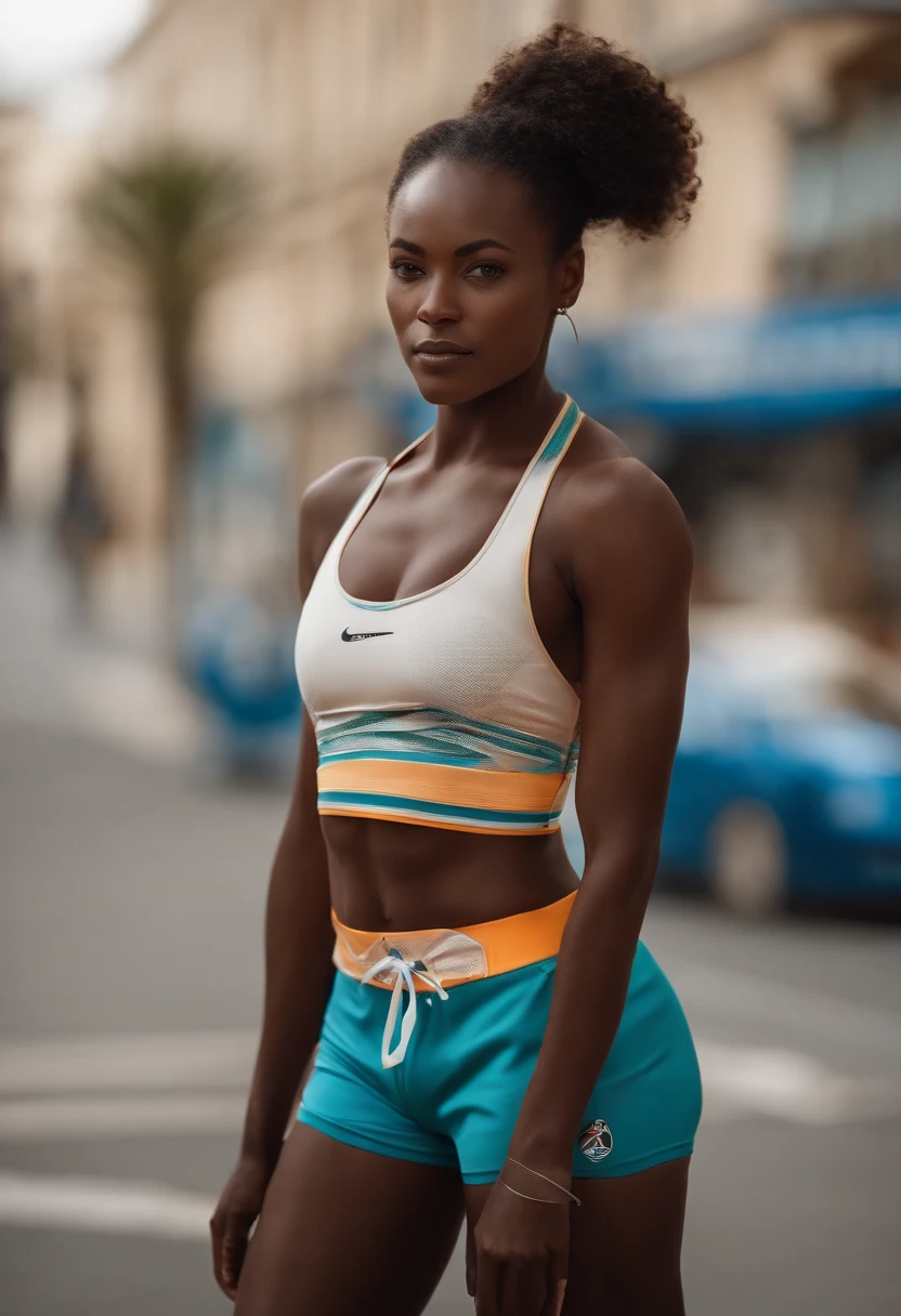 La femme brune, d'origine africaine, And she's very sporty, with abdominals and an athletic figure. C'est la route des croissants et une tenue convenable