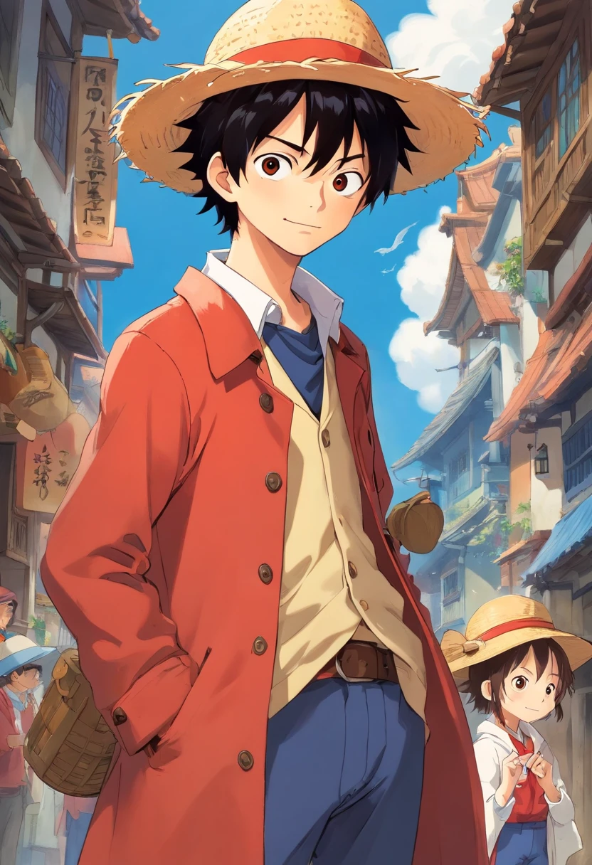 Crie um avatar de um rapaz jovem da cintura para cima, ele usa uma camisa branca com uma palavra escrita em laranja: "Story Teller"(a palavra "Story" fica em cima e "Teller" logo abaixo da palavra "Story"), He also wears a coat where one half is blue and the other red, (The coat is open revealing the writing "Story Teller"), Your hands are inside your pocket, He is wearing a straw hat identical to Luffy's that creates a shadow that covers his eyes, mas revela um sorriso pequeno