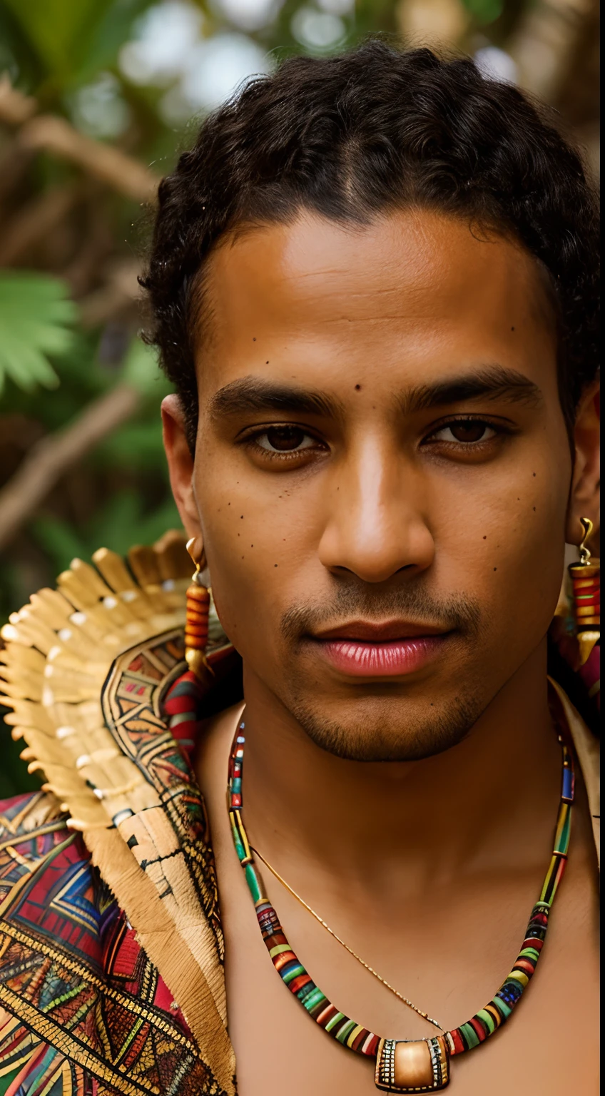 Close-up of a man in a colorful shawl and necklace, Aborigine, African, Swarthy man, Egyptian prince, in an elegant tribal outfit, ayahuasca shaman, Tribal clothing, Intricate African Jewelry, Tribal style, An ancient tribe, Wearing tribal armor, Mix between trayblom and hi-tech, Tribal jewelry, traditional dress, Wearing authentic clothing