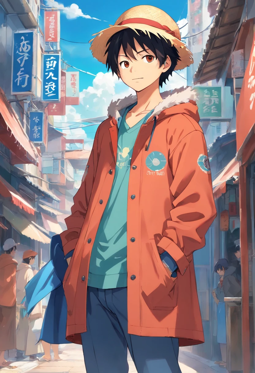 Crie um avatar de um rapaz jovem da cintura para cima, ele usa uma camisa branca com uma palavra escrita em laranja: "Story Teller"(a palavra "Story" fica em cima e "Teller" logo abaixo da palavra "Story"), He also wears a coat where one half is blue and the other red, (The coat is open revealing the writing "Story Teller"), Your hands are inside your pocket, He is wearing a straw hat identical to Luffy's that creates a shadow that covers his eyes, mas revela um sorriso pequeno