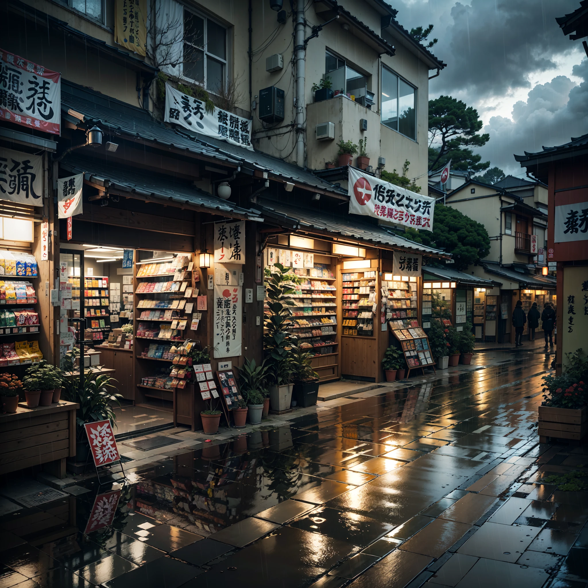 anime background, anime wallpaper, anime, anime style, lofi, lofi style, modern japanese street, modern japanese architecture, japanese convenience store, big retro japanese shop signs, retro japanese store, trees, plants, rocks, plant pots, shop signs, japanese banners, japanese signs, flags, sunrise, rain, raining, heavy rain, dramatic weather, puddles on the floor, rain falling from the sky, rain drops, empty street, no one in sight, (no one: 1), best quality, rural tokyo