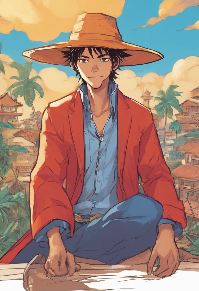 Crie um avatar de um rapaz jovem da cintura para cima, ele usa uma camisa branca com uma palavra escrita em laranja: "Story Teller"(a palavra "Story" fica em cima e "Teller" logo abaixo da palavra "Story"), He also wears a coat where one half is blue and the other red, (The coat is open revealing the writing "Story Teller"), Your hands are inside your pocket, He is wearing a straw hat identical to Luffy's that creates a shadow that covers his eyes, mas revela um sorriso pequeno