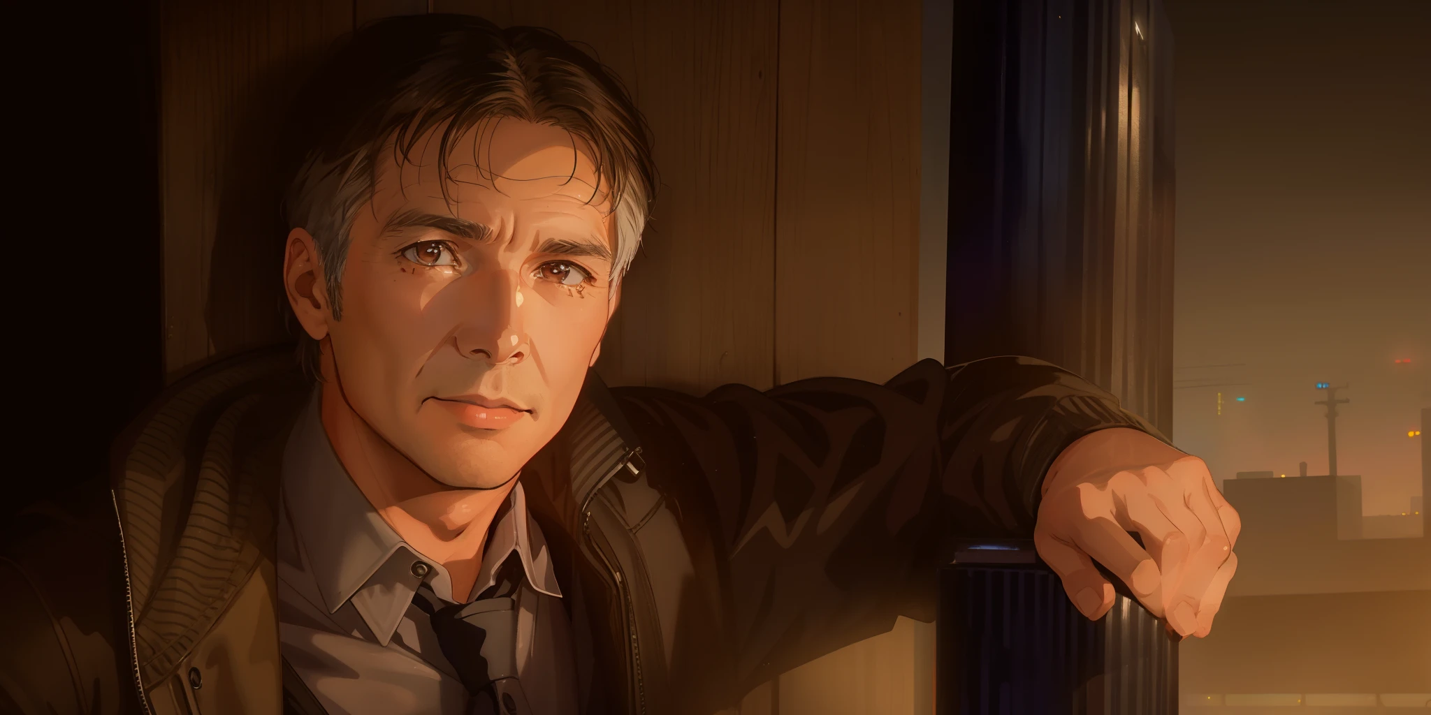There's a man leaning against a pole with his hand on the pole, harrison ford, Indiana Jones, Filme ainda de Blade Runner, Filme ainda de Bladerunner, harrison ford •, Ainda do filme Bladerunner, Don't film Bladerunner, No filme Blade Runner, Ainda de Blade Runner (1982), looking-into-camera, Anime japones