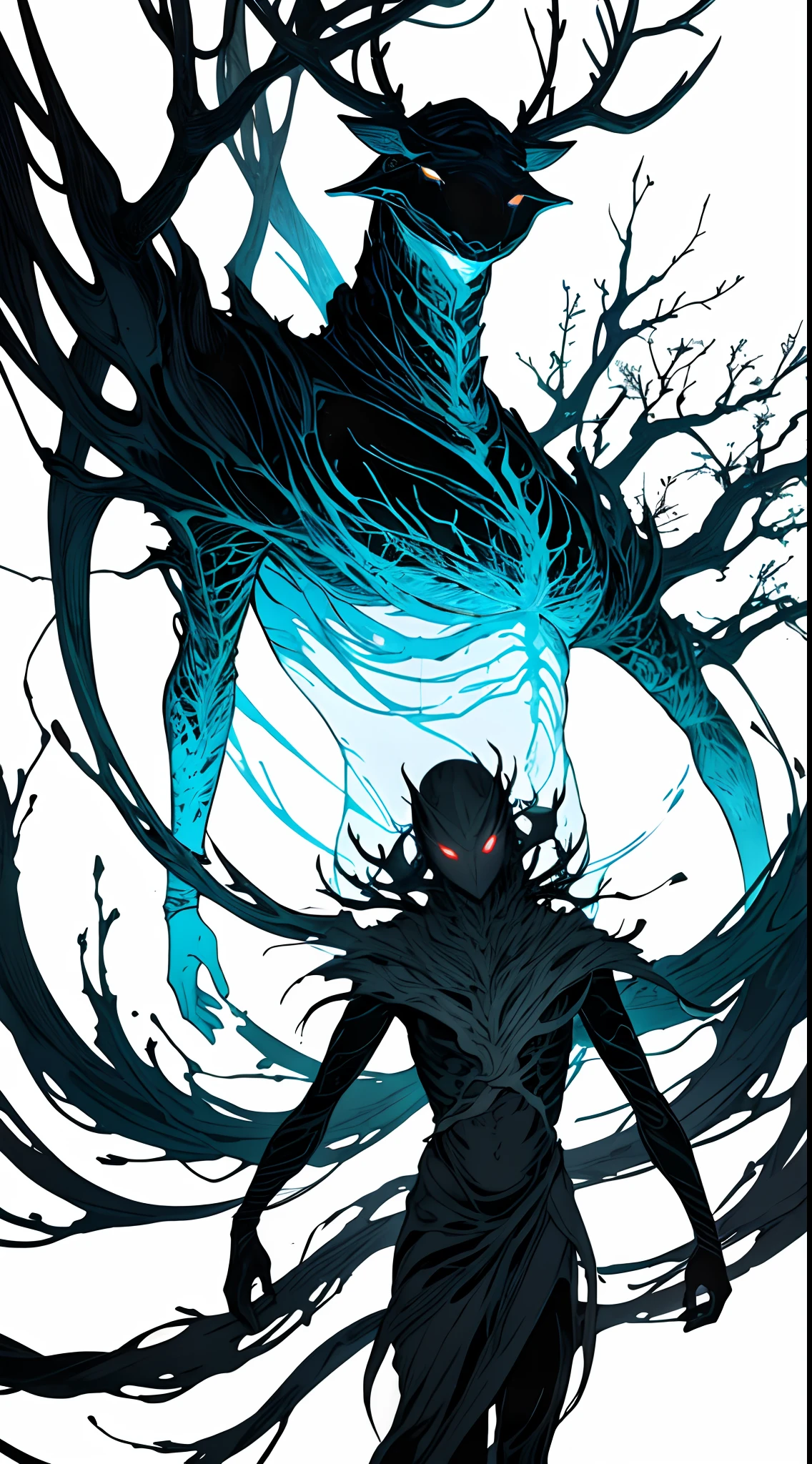 (In a peaceful valley full of exotic flowers and plants,Clear water:0.85),A lone warrior with ancient knowledge and arcane weapons,Defeat evil entities,(White background,Color anime style:1.45),Fill with irregular geometric fluid oil,Colored Planet,Splashing nebulae,Headless monsters(Giant immortal deer head - whale body - foxtail:1.25),An evil entity made up of tree branches and deep black swamps,A shady cult summons a terrifying entity from the void between dimensions