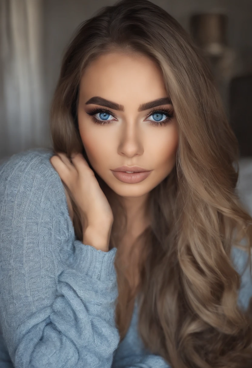 Arafed Mujer totalmente , Chica sexy con ojos azules, ultra realista, meticulosamente detallado, Retrato Sophie Mudd, cabello rubio y ojos grandes, selfie de una mujer joven, Ojos del dormitorio, Violeta Myers, sin maquillaje, Maquillaje natural, staring directly into camera, cara con artgram, maquillaje sutil, Impresionante foto de cuerpo completo arrodillado en la cama, en el club, Large bust