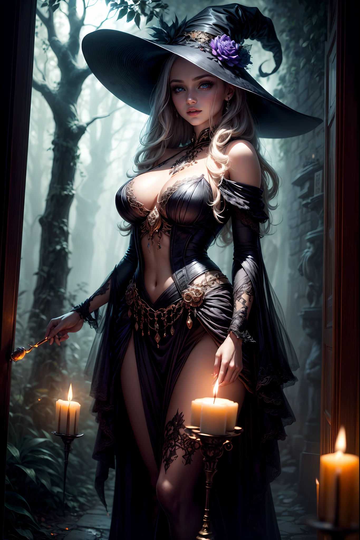 (best quality,4k,highres,masterpiece:1.2),ultra-detailed,realistic:1.37,A young sorceress,beautiful detailed eyes and face,beautiful detailed lips, in her finest costume, holding a flickering torch,extremely detailed eyes and face, enchanting smile, enchanting outfit, enchanted forest, magical atmosphere, spellbinding, mystical pumpkin, Halloween night, mysterious shadows, ethereal glow, hauntingly beautiful, mystical creatures lurking in the darkness, flickering candlelight, glowing spells, wisps of smoke, magical aura, captivating beauty, whimsical setting.