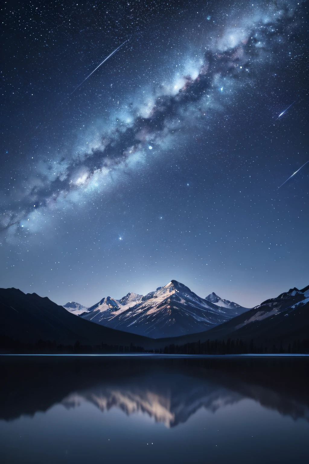 (high-res, 4k, ultra detailed), starry sky, scene of a beautiful starry sky with shooting stars above a huge mountain and lake, dark blue shades, ethereal landscape oil painting, a sense of wonder and mystery, sounds of crickets chirping, glistening bright stars, dark fantasy, dark aesthetic, amazing and ethereal beauty, (oil painting)