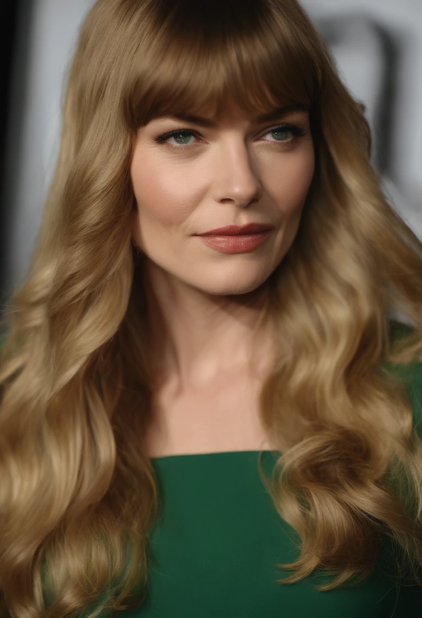 a close up of a woman with long blonde hair and a green dress, long bangs, nicole de boer, with a fringe, with bangs, central parted fringe, center parted bangs, long straight bangs, very long bangs, long hair with full bangs, long hair with bangs, straight fringe, with full bangs, curtain bangs, full bangs, caroline gariba