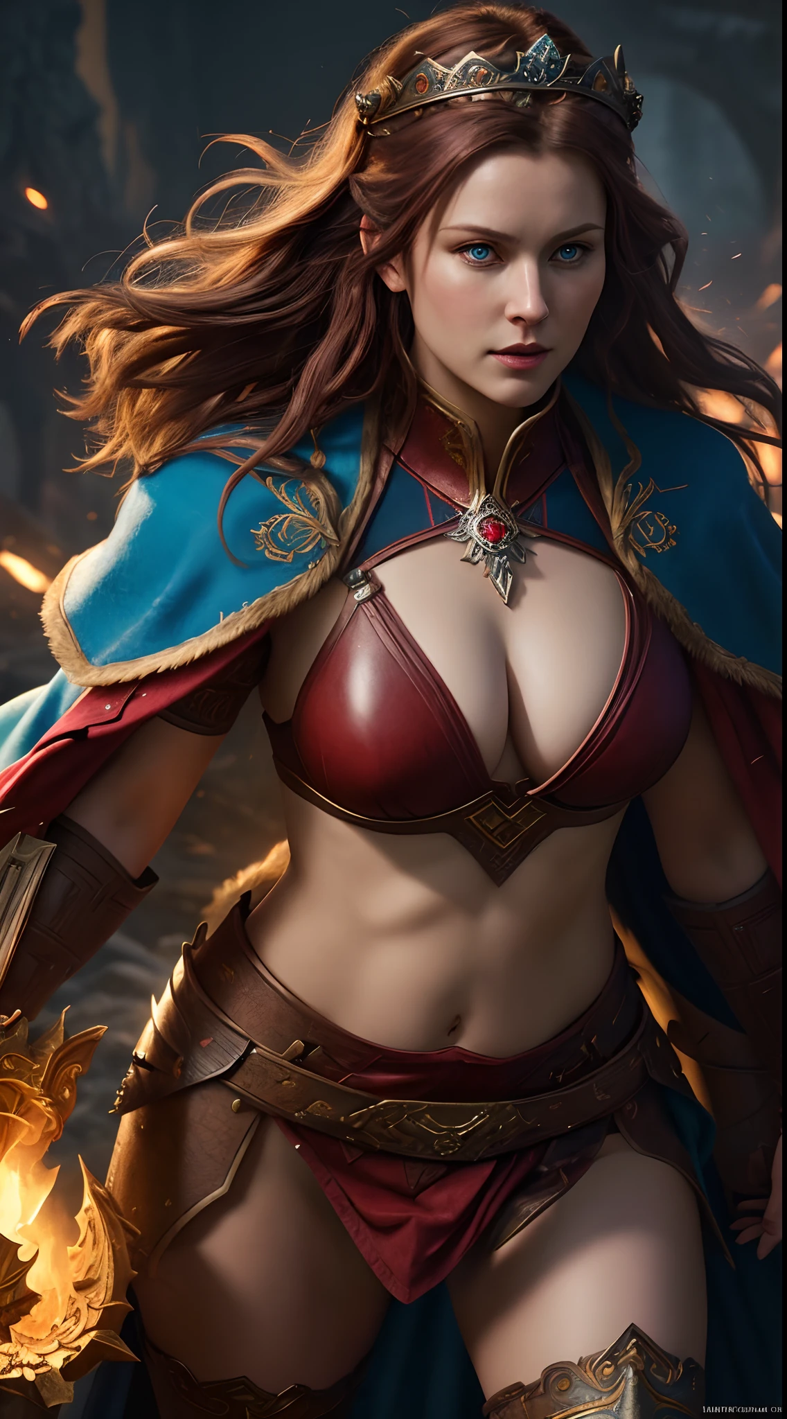 Full body Portrait of the Great Nordic Queen, a very gorgeous woman, Closeup shot, 45 years old, erotic warrior costumes, dark red styled fluffy hair, sexy woman, natural Blue eyes, a nose with a bump, an elongated chin, dressed in ancient national,
8k resolution, dynamic lighting hyperdetailed intricately detailed Splash art trending on Artstation triadic colors Unreal Engine 5 volumetric lighting, oil painting, heavy strokes