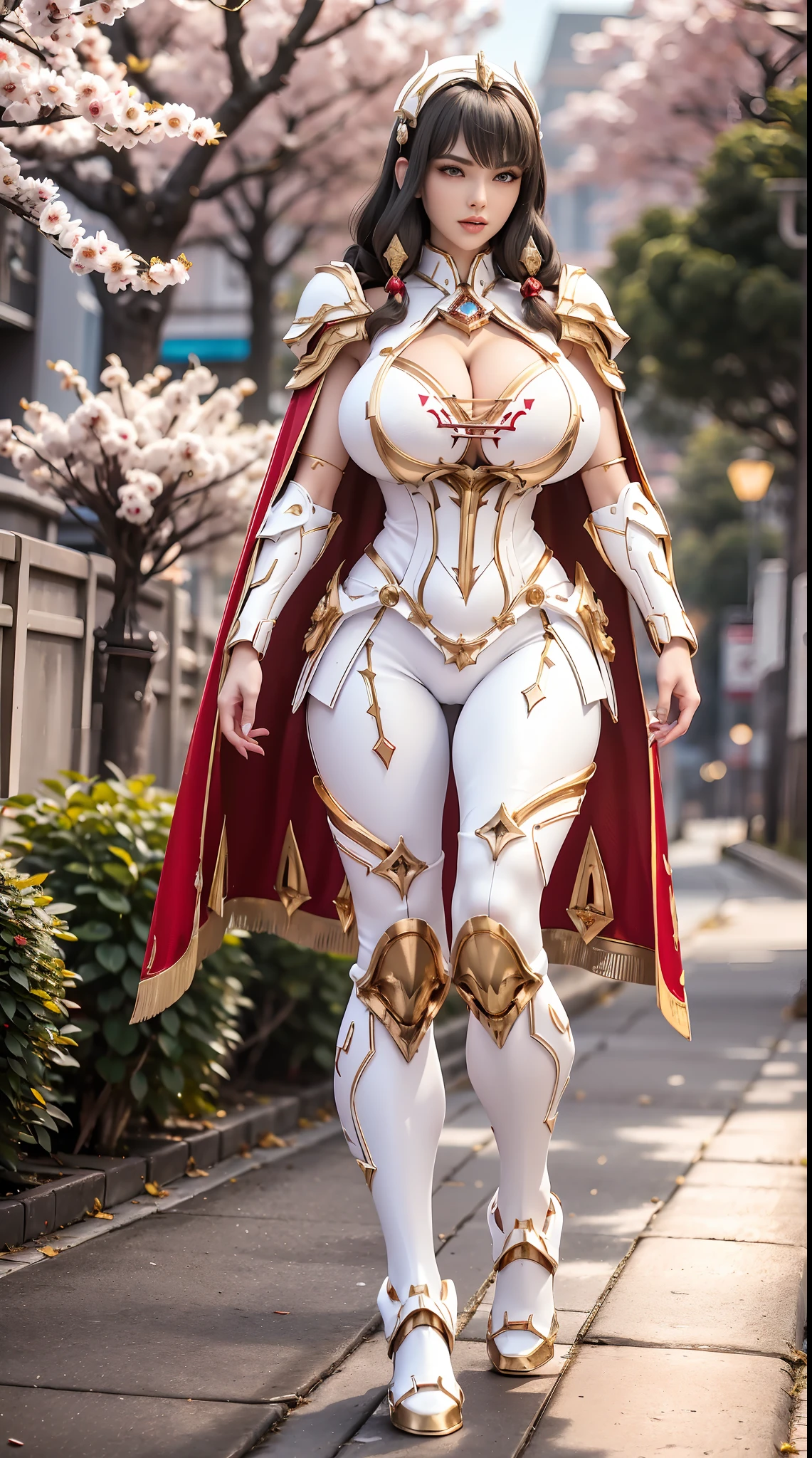 1GIRL, SOLO, (dark hair, hair gold ornament), (HUGE FAKE BOOBS:1.3), (white, red, gold, FUTURISTIC MECHA BATTLE ARMOR, ROYAL CAPE, CLEAVAGE:1.5), (SKINTIGHT YOGA PANTS, HIGH HEELS:1.2), (GLAMOROUS BODY, SEXY LONG LEGS, FULL BODY:1.3), (FROM FRONT, LOOKING AT VIEWER:1), (WALKING DOWN ON STREET CHERRY TREES:1.3), PHYSICALLY-BASED RENDERING, ULTRA HIGHT DEFINITION, 8K, 1080P.