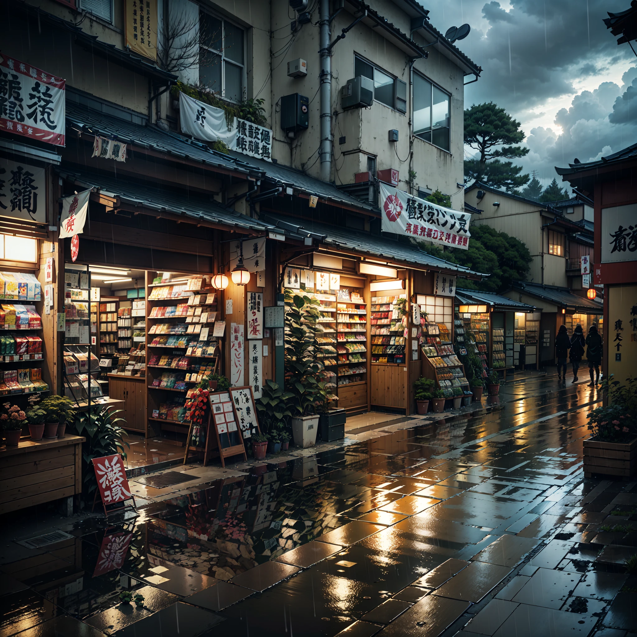 anime background, anime wallpaper, anime, anime style, lofi, lofi style, modern japanese street, modern japanese architecture, japanese convenience store, big retro japanese shop signs, retro japanese store, trees, plants, rocks, plant pots, shop signs, japanese banners, japanese signs, flags, sunrise, rain, raining, heavy rain, dramatic weather, puddles on the floor, rain falling from the sky, rain drops, empty street, no one in sight, (no one: 1), best quality, rural tokyo