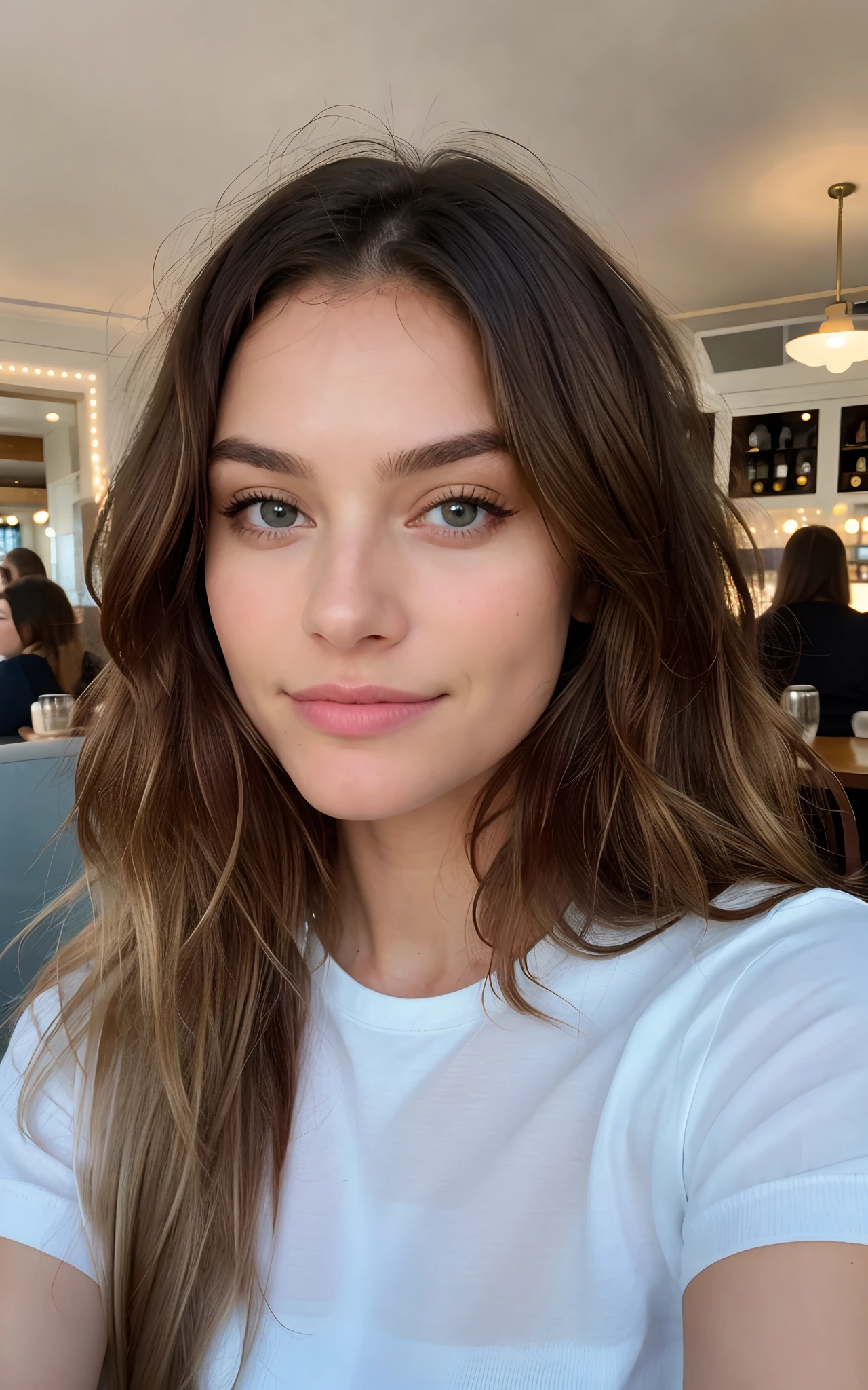Belle brune portant un pull beige clair (soin des ongles dans un salon de beauté moderne), Very detailed, 21 ans, visage innocent, natural wavy hair, yeux bleus, High resolution, chef-d'artwork, best quality, intricate details, Very detailed, mise au point nette, detailed skin, texture de peau réaliste, texture, Detailed eyes, professionnel, 4k, sourire charmant, filmed on Canon, 85 millimeters, faible profondeur de champ, Couleur Kodak Vision, corps parfaitement ajusté, extremely detailed, photographier_\(ultra\), photorealistic, Realistic, Post-traitement, maximum details, roughness, vrai vie, ultra realistic, photorealism, photographie, 8k euh, photographie, travail, bureau