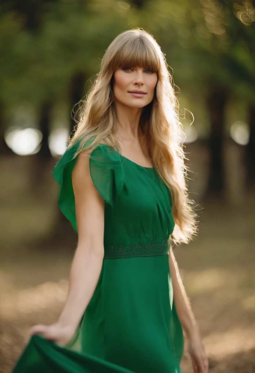 a close up of a woman with long blonde hair and a green dress, long bangs, nicole de boer, with a fringe, with bangs, central parted fringe, center parted bangs, long straight bangs, very long bangs, long hair with full bangs, long hair with bangs, straight fringe, with full bangs, curtain bangs, full bangs, caroline gariba