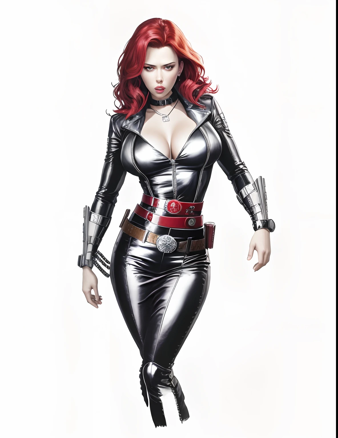black widow scarlet johansson, large breasts, wide hips, (large belt buckle:1.3),