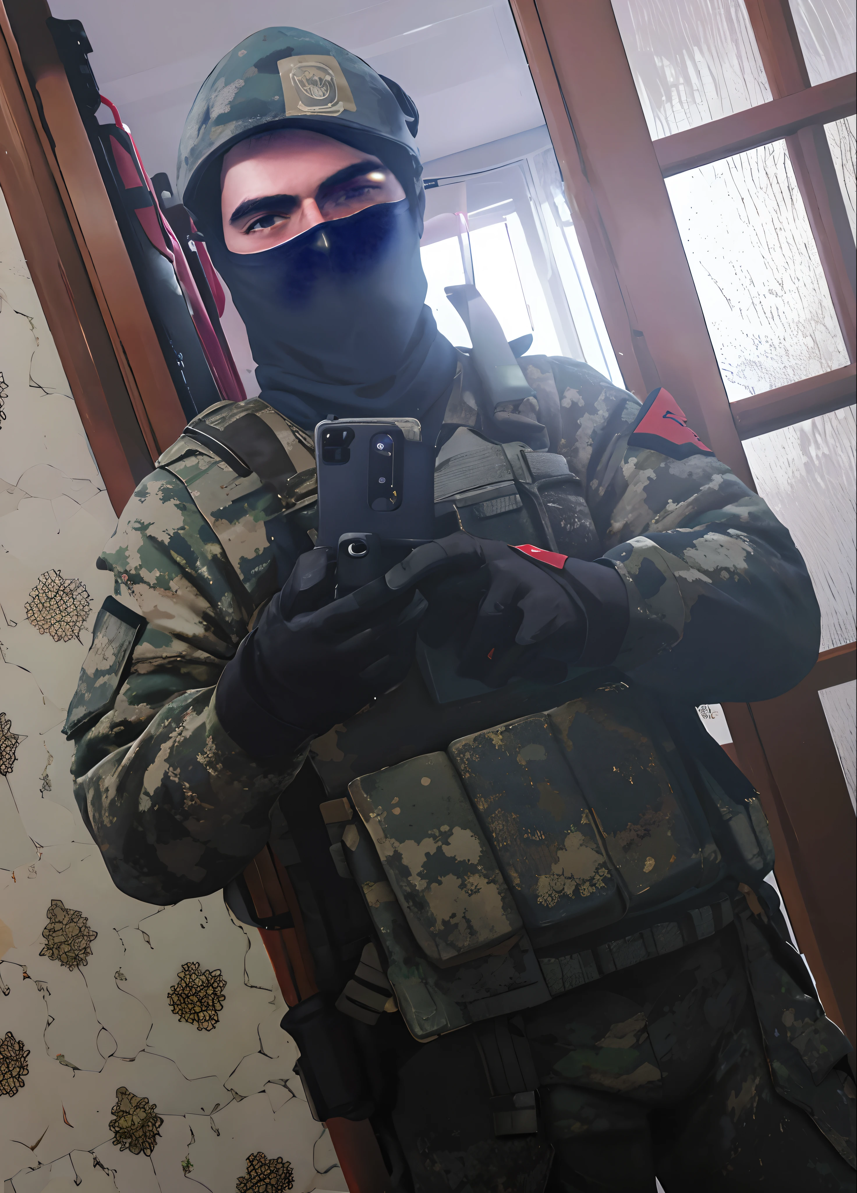 Soldier Arafad taking selfie in mirror with camera, very very low quality picture, 8K)), Ready for Battle, In PUBG, low quality photo, anton fadeev 8 k, In the game, ciberpunk))), In Tarkov, Soldier's equipment, portrait shot 8 k, Full Uniform, full soldier clothing, holding pdw, CCAO 8 K