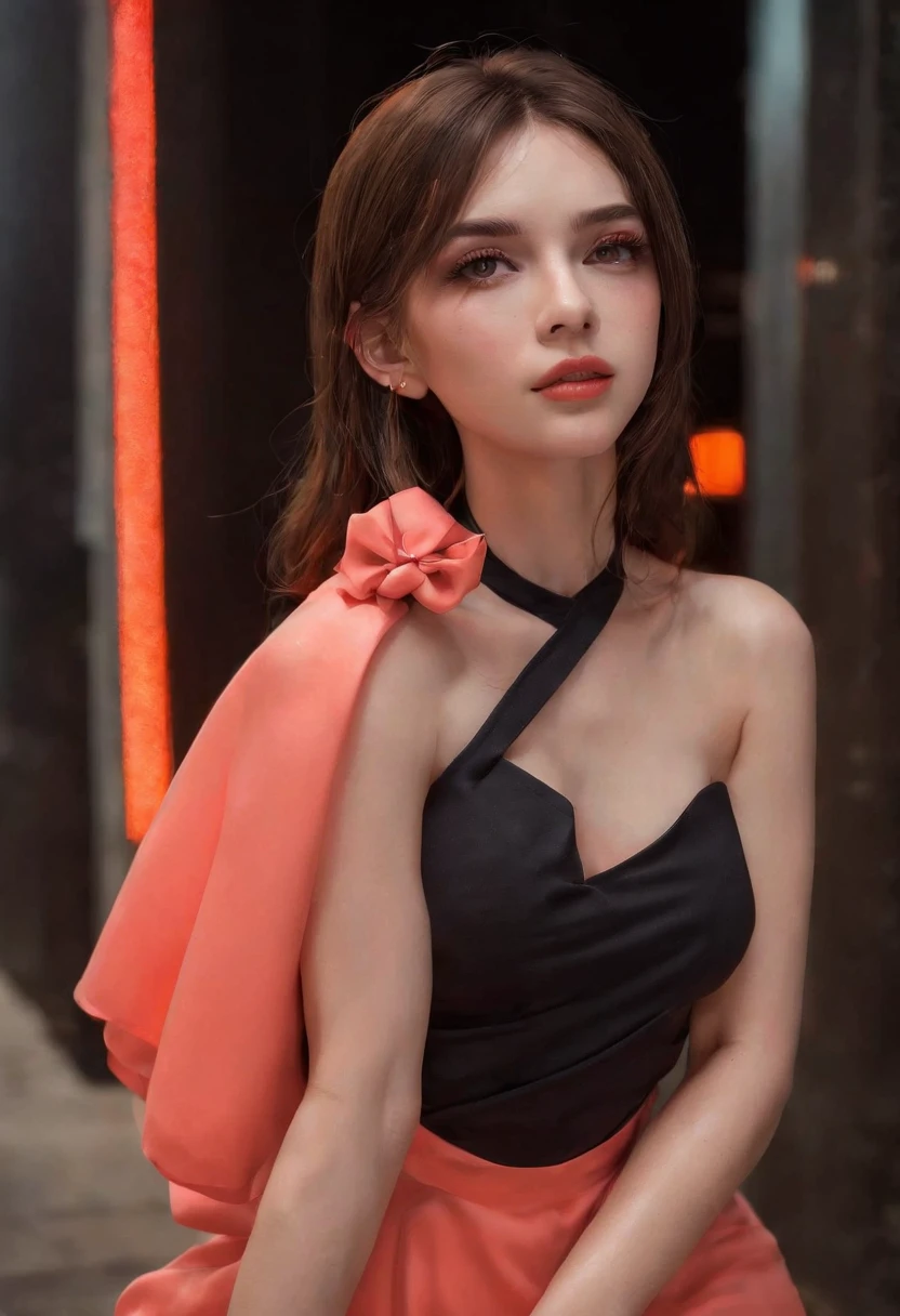 8k, Obra maestra, Foto RAW, La mejor calidad, fotorrealista, fondo de pantalla CG 8k extremadamente detallado, Profundidad de campo, cinematiclight, Destello de lente, Trazado de rayos, (cara extremadamente hermosa, labios hermosos, Hermosos ojos), Cara de detalle intrincado, ((Piel ultra detallada)) 1girl, A oscuras, Sombra profunda, Bonita chica ucraniana, Kpop idol, 1 girl, (cuerpo musculoso muy delgado y delgado:1.3), ((Mirando al espectador)),(gran sonrisa:1.3), (Noche de la Ciudad de la Moda, noche oscura, (neon sign), (fondo borroso), Noche callejera de moda),(Sin personas en segundo plano:1.3), Hermosos pendientes, Pulseras, collar, pantys, ojos claros, andante, (Pale skin), (ojos grandes), Cara hacia adelante, (brown hairs), (Toma de cuerpo completo), ((seda color coral, vestido de color coral:1.3)), (vestido ajustado), ((vestido con cordones)), (Mirando al espectador:1.3) pecho abierto, senos medianos, Enfoque de, frente de cejas,(see through dress), (Ultra minifalda), Colillas medianas, Medias con cordones