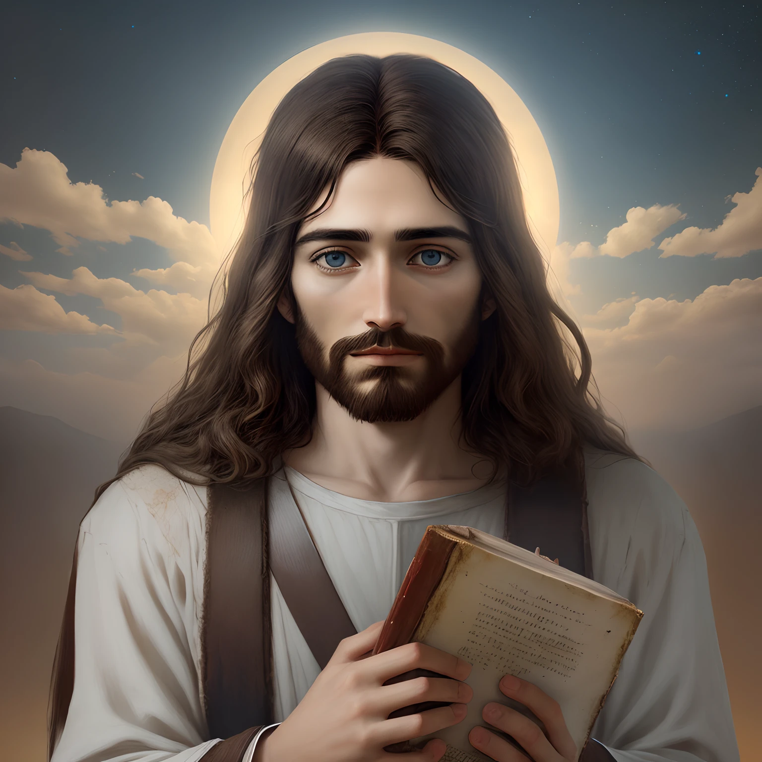 Create an image of Jesus Christ with the Bible in his hands in the realistic sky