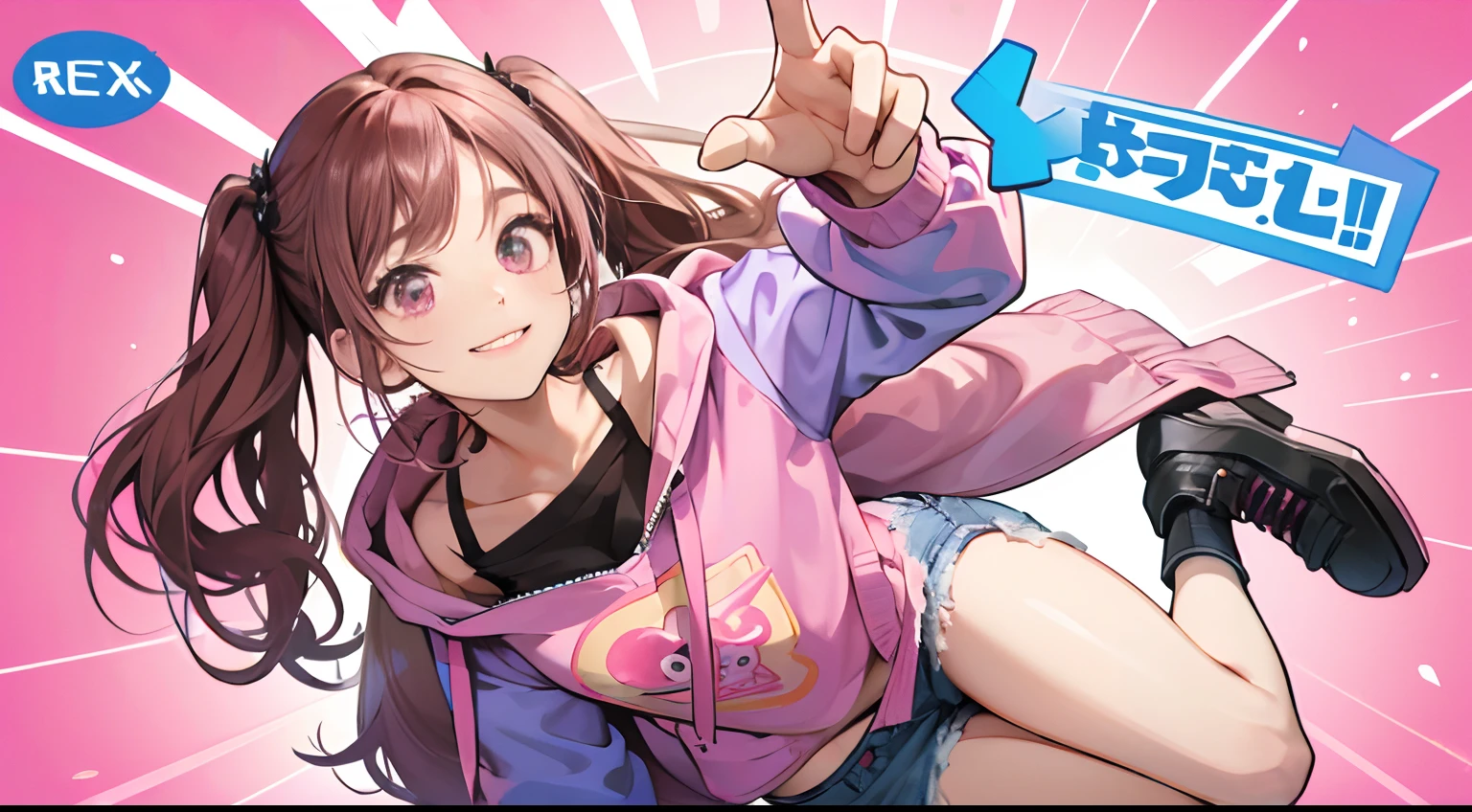(Best Quality,4K,High resolution), femele, Pink mesh on brown hair、Hair has long twin tails, kawaii eyes,Pink eyes、long lashes、 Charming smile, Hooded pink jacket with intricate décor,Short denim pants、Comical appearance,noisy,colorful backdrop、Stand like a hero、Attractive gestures、comic strip,animesque,Comical illustration,Colorful and lively POP background,Deformed cute illustration、Front Camera Angle、Full body projection