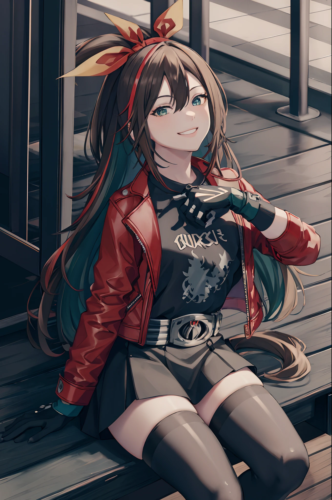masterpiece, (best quality), vibrant colors ,natural lighting ,RTX, perfect proportions, beautiful, detailed face, (perfect eyes:1.1) ,(photorealistic:1.1), 8k uhd, outdoors, simple background, etna crimson, 1girl, solo, long hair, smile, brown hair, shirt, thighhighs, gloves, bow, hair between eyes, green eyes, jacket, hair bow, hairband, open clothes, shoes, black gloves, belt, grin, black shirt, black skirt, skirt, open jacket, zettai ryouiki, streaked hair, red footwear, red jacket, red thighhighs, Sitting, leaning on one hand,