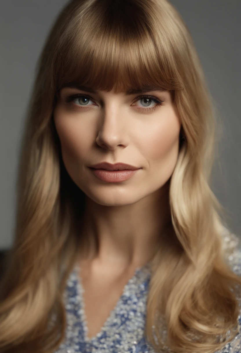 a close up of a woman with long blonde hair and a short dress, long bangs, nicole de boer, with a fringe, with bangs, central parted fringe, center parted bangs, long straight bangs, very long bangs, long hair with full bangs, long hair with bangs, straight fringe, with full bangs, curtain bangs, full bangs, caroline gariba