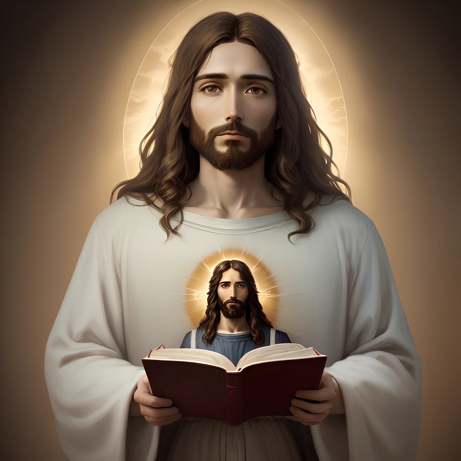 Create an image of Jesus Christ with the Bible in his hands in the realistic sky