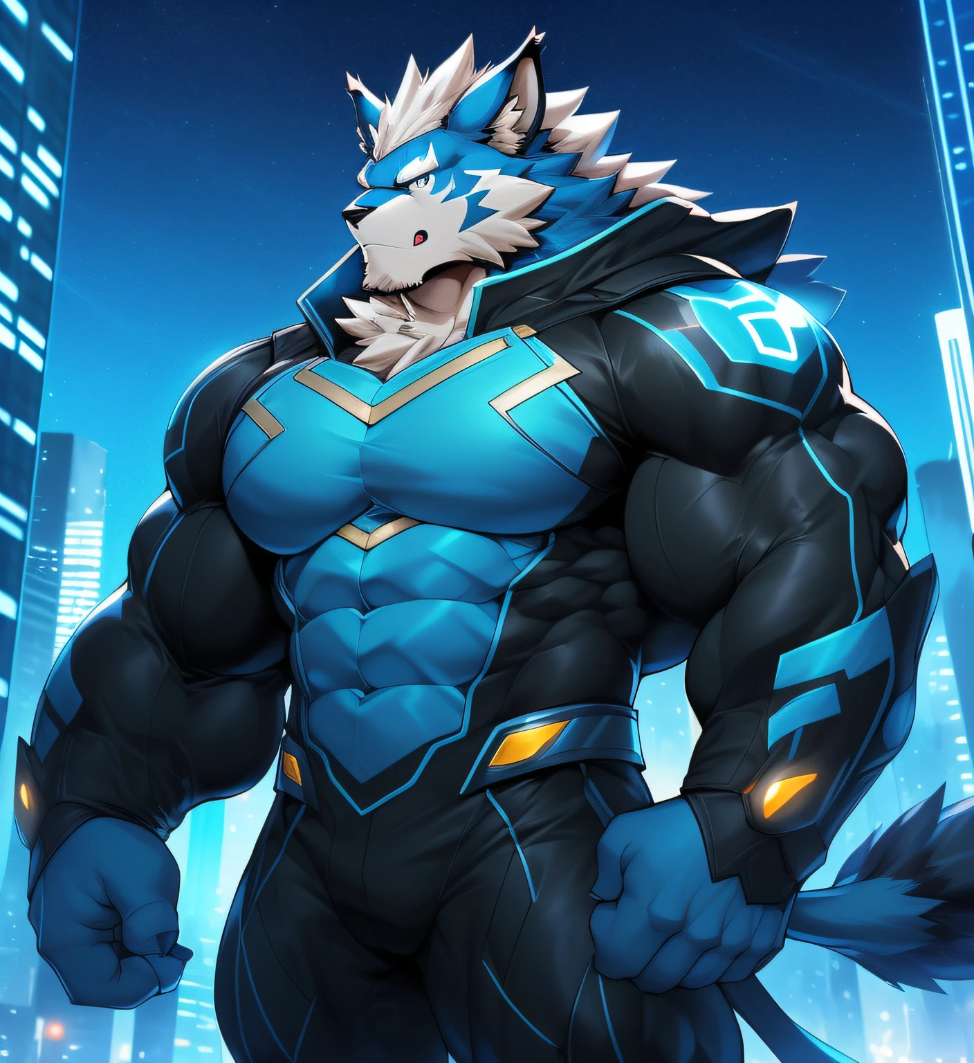 City background, skyscraper, futuristic city, night, stars, night lights, Leomon Gigachad, super hero, hero, bodysuit, massive muscles, huge pecs, chiseled abs, huge pectorals, exaggeratedly huge muscles. A furry hero whose presence inspires trust and respect. (((His hero costume is black and sky-blue.)))