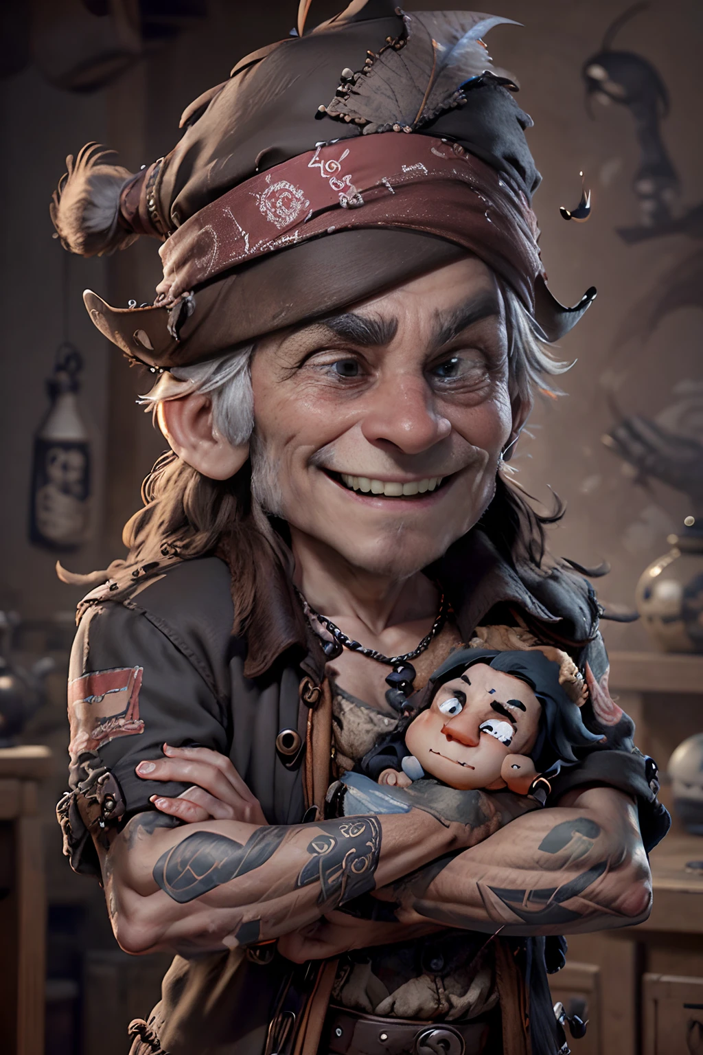 Development of animated characters in the style of 3D Pixar, Different facial expressions of a cheerful old pirate 100 years old, wearing a very wide hat with feathers, tattoo on the arm, Character Sheet, Drawing, Реалистичный 3D-рендеринг, high resolution texture, dramatic lighting, Expressive Caricature, Different facial expressions with a smirk, dramatic, A Rich Perspective. a closeup of a.