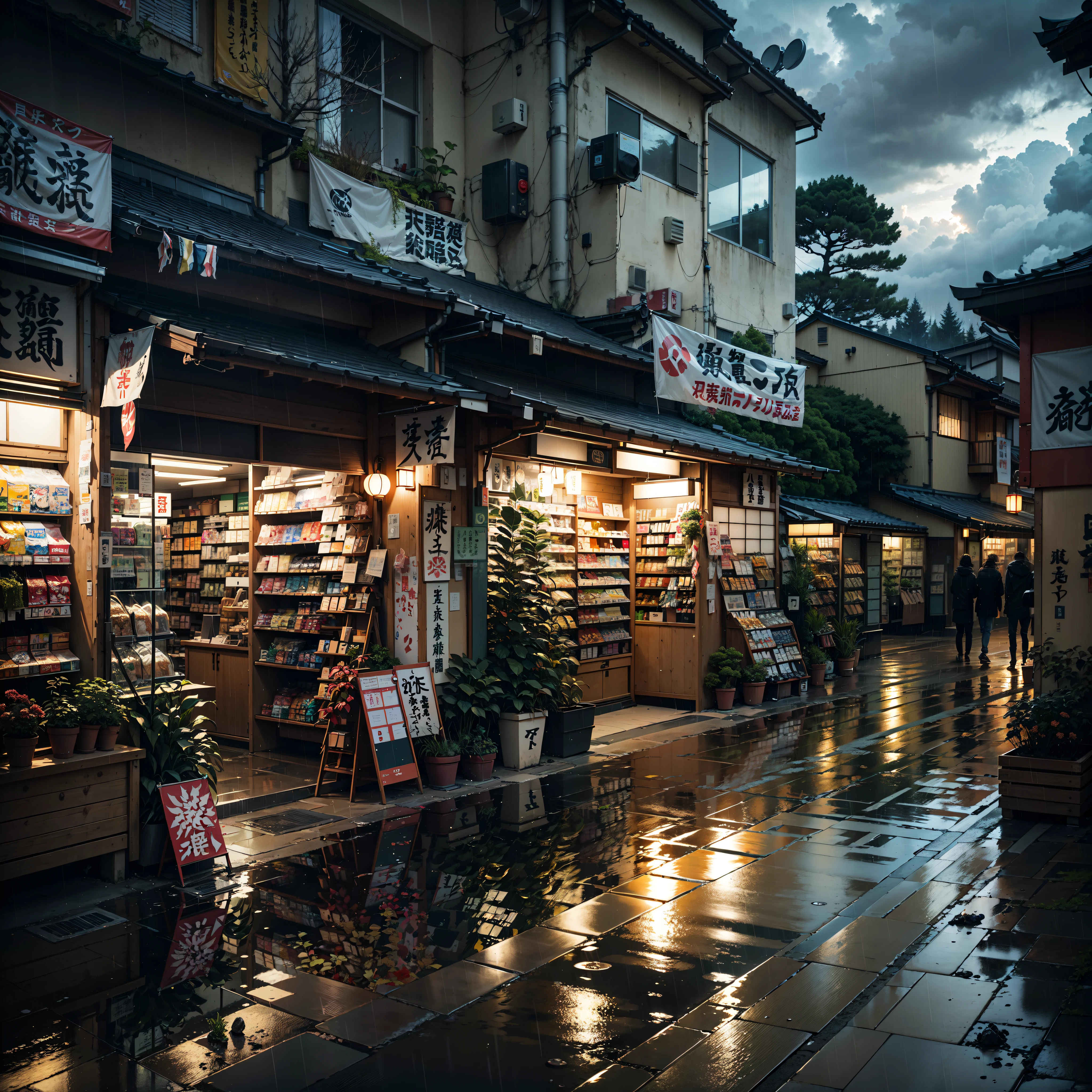 anime background, anime wallpaper, anime, anime style, lofi, lofi style, modern japanese street, modern japanese architecture, japanese convenience store, big retro japanese shop signs, retro japanese store, trees, plants, rocks, plant pots, shop signs, japanese banners, japanese signs, flags, sunrise, rain, raining, heavy rain, dramatic weather, puddles on the floor,  rain falling from the sky, rain drops, empty street, no one in sight, (no one: 1), best quality, rural tokyo