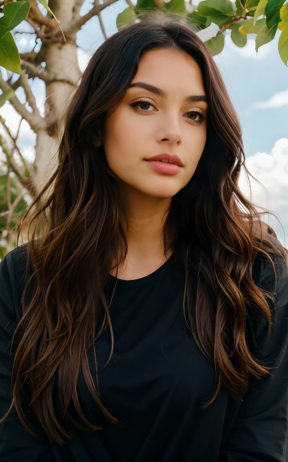 1 woman, wavy long hair, dark brown eyes, nature, plants, sky