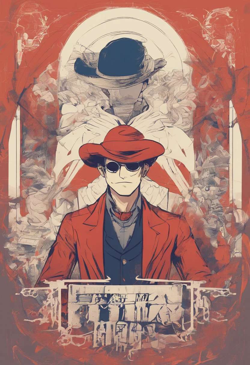 Crie um avatar de um rapaz jovem da cintura para cima, ele usa uma camisa branca com uma palavra escrita em laranja: "Story Teller"(a palavra "Story" fica em cima e "Teller" logo abaixo da palavra "Story"), He also wears a coat where one half is blue and the other red, (The coat is open revealing the writing "Story Teller"), Your hands are inside your pocket, He is wearing a straw hat identical to Luffy's that creates a shadow that covers his eyes, mas revela um sorriso pequeno