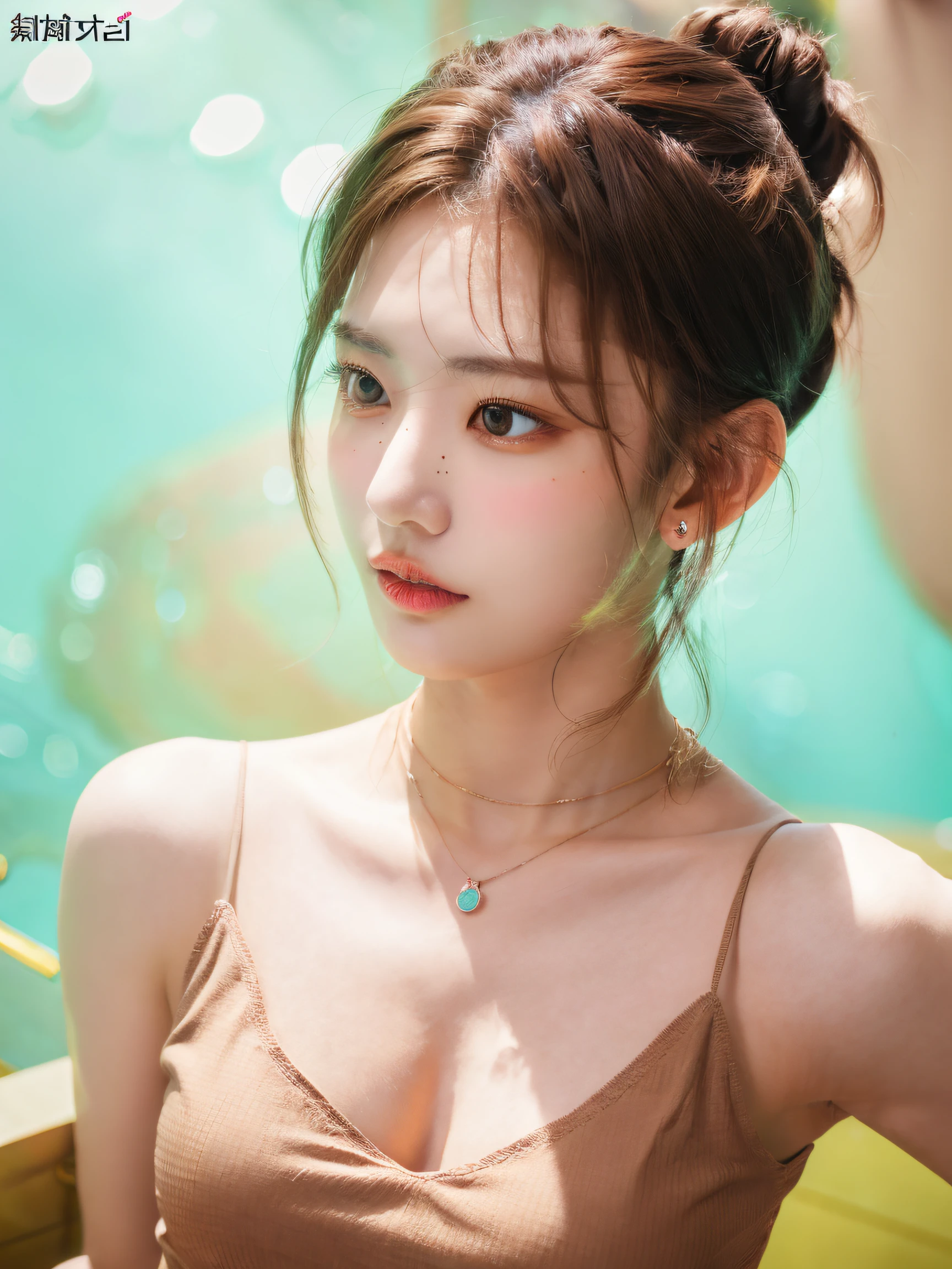 1girl,solo,jewelry,realistic,necklace,brown hair,earrings,breasts,tank top,mole,upper body,simple background,hair bun,cleavage,cigarette,nail polish,lips,