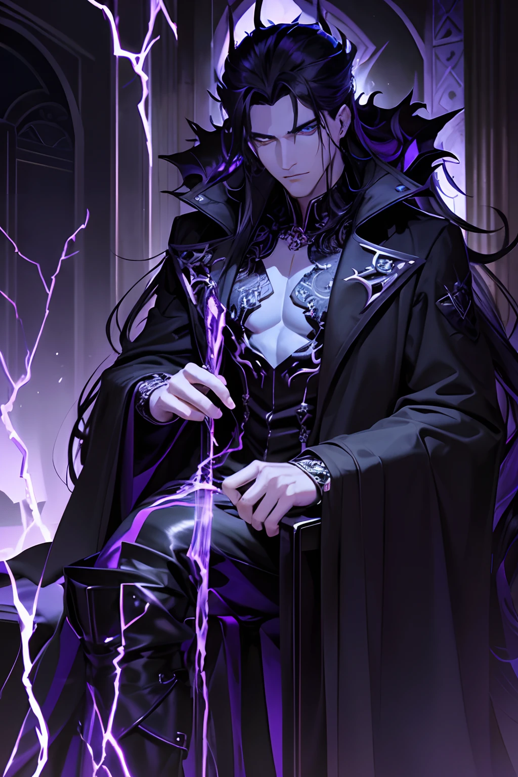 (4k, ultra detailed, modern alternate universe), god of the underworld hades, menacing gaze, everyone is scared of him, sacred corridors, dark shadows looming in the hallway, hades sitting on his throne, dark blue and purple shades with a lot of black, long lustrous black hair, hades wearing a high collared black coat and boots, piercing gaze, handsome man with sharp features, stern expression, (dim lightning, shadows, black blue and purple)