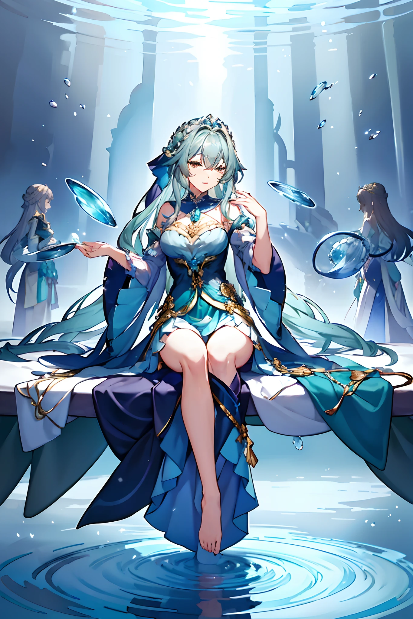 exuding an aura of elegance and poise. Her long, flowing hair cascades down in gentle waves, shimmering in shades of cerulean and teal, reminiscent of the crystal-clear waters of Fontaine. The strands are interspersed with silver and pearlescent highlights, giving her an ethereal appearance. Seraphine's eyes are a striking shade of deep sapphire, glimmering with wisdom and a touch of mystery. Her attire reflects her connection to the element of water. She dons a flowing gown made of fine, lightweight fabrics in various shades of blue, seamlessly blending together to mimic the ebb and flow of tides. The fabric is adorned with intricate patterns resembling waves and aquatic flora, accented with delicate silver embroidery that glistens under sunlight. Seraphine's ensemble includes a regal cape with a high collar, reminiscent of a billowing ocean breeze. barefoot,,Fontaine