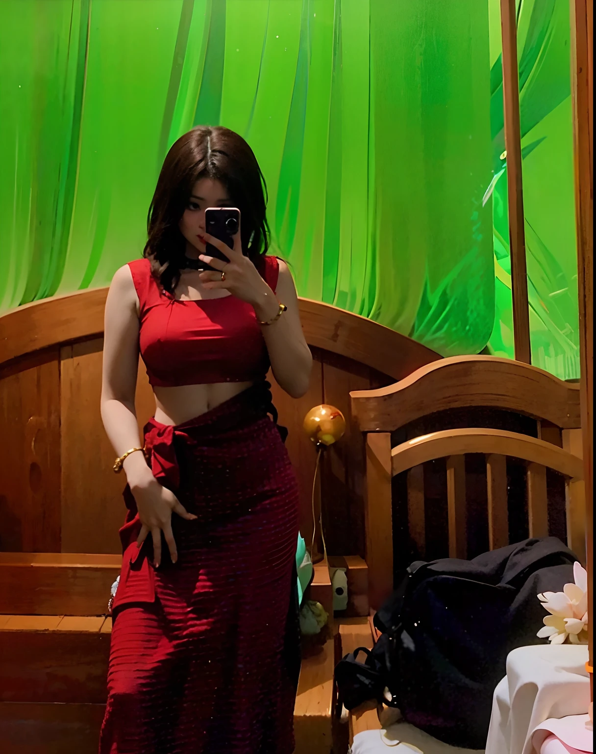 there is a woman taking a picture of herself in a mirror, red clothes, 30 years old woman, 3 0 years old woman, red mood in background, very very low quality picture, leaked photo, candid picture, wearing red attire, full body in camera, red dress, wearing red dress, in style of kar wai wong, dressed in a sari