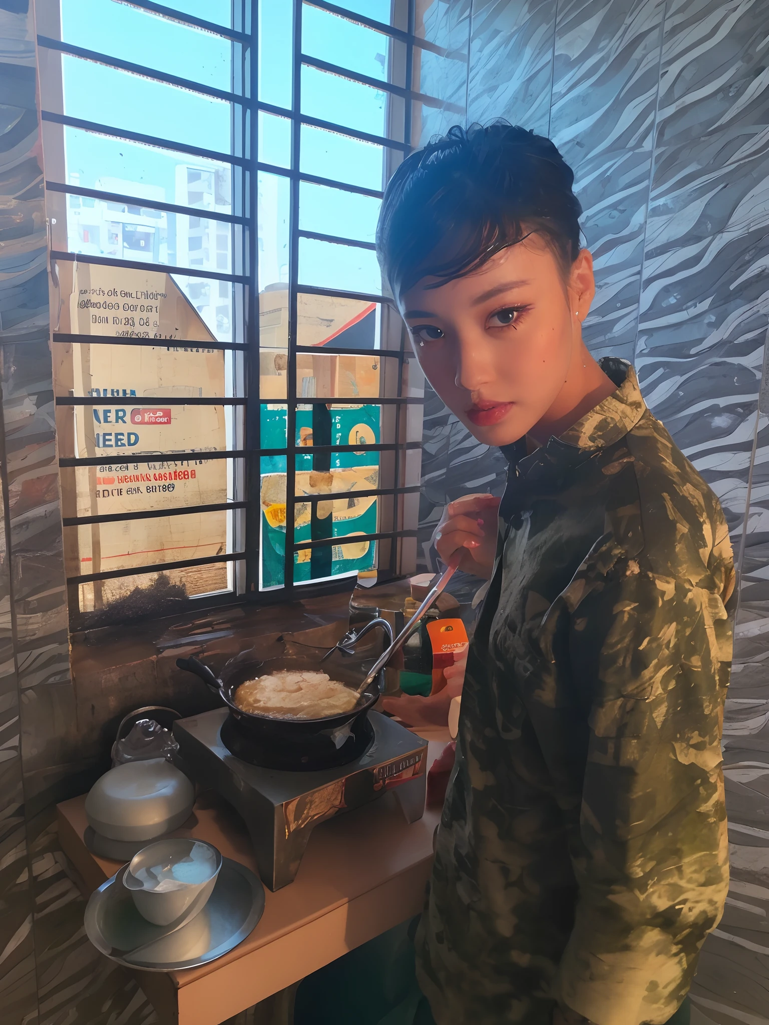 ((Best Quality, 8K, Masterpiece: 1.3)), Sharp: 1.2, Perfect Body Beauty: 1.4, Slim Abs: 1.2, ((Layered Hairstyle, Big Breasts: 1.2)), (Wet White Button Long Shirt: 1.1), (Rain, Street: 1.2), Wet: 1.5, Highly detailed face and skin texture, detailed eyes, double eyelids, side face looking at the camera