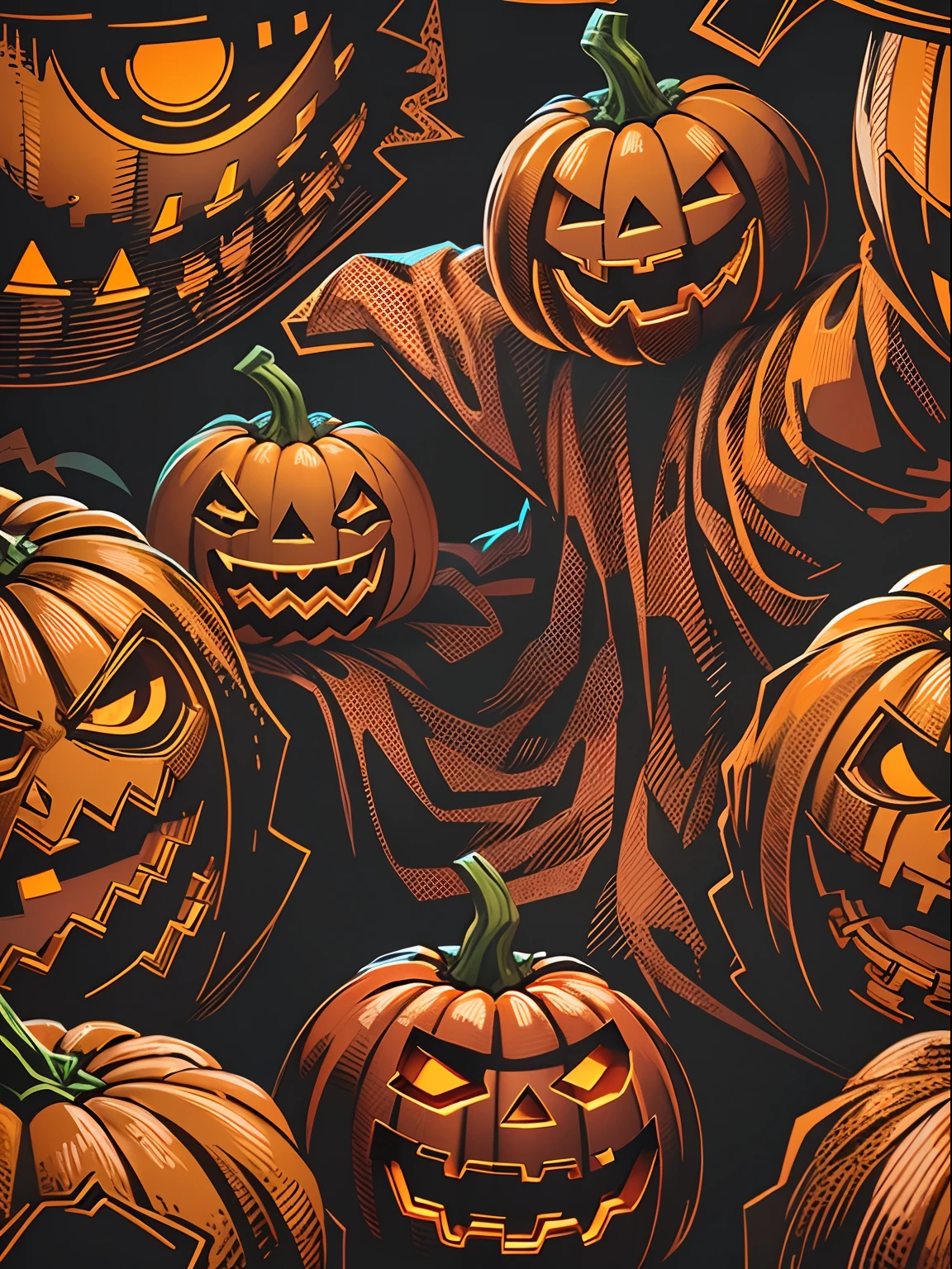 High quality design vector style image, t-shirt print style, graphic art white background of a scary Jack o with Halloween pumpkin head, bright and realistic colors, fantasy style halloween backdrop